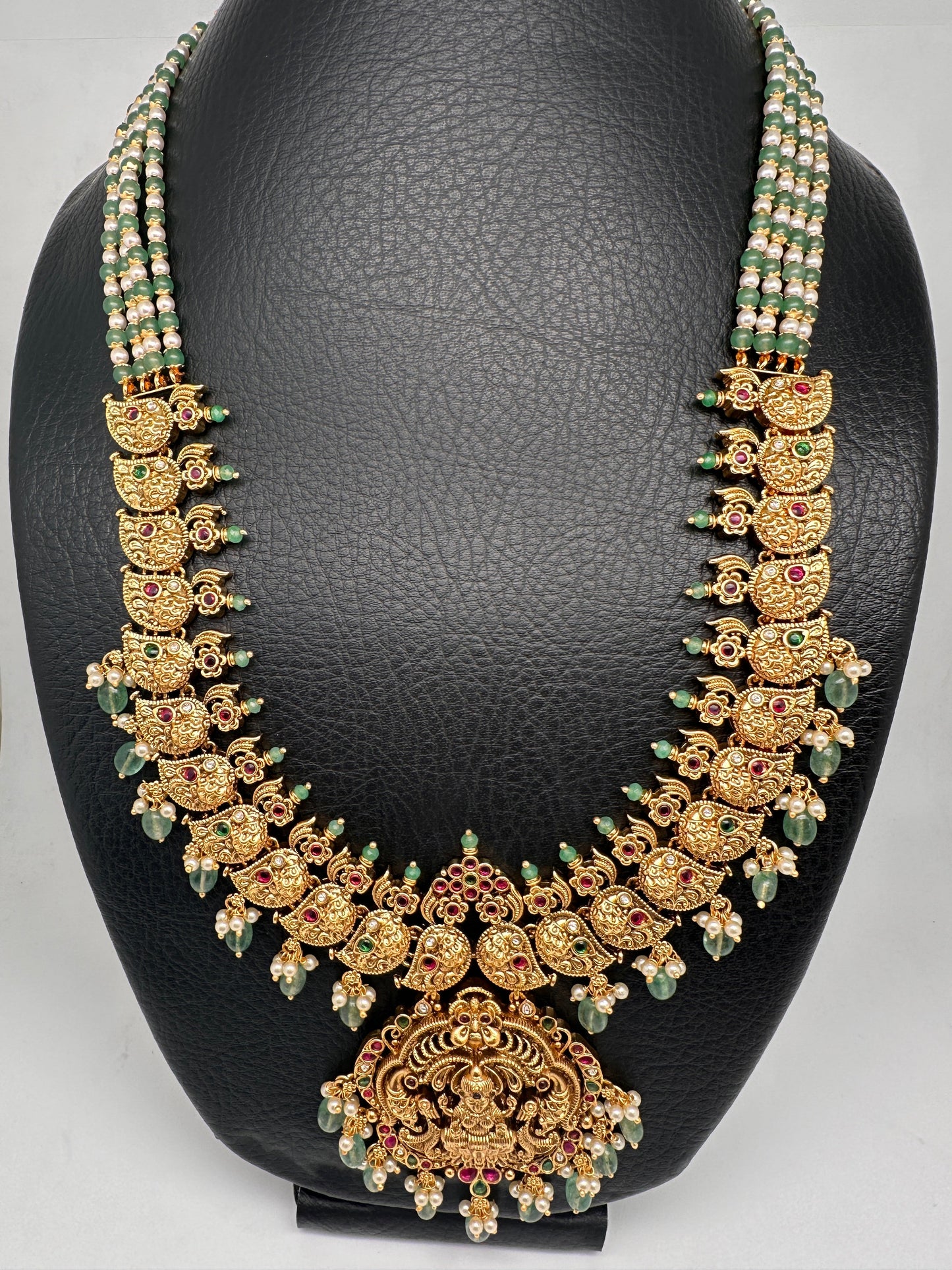 Goddess Lakshmi Ganesha Nakshi Matte Haar with Pearls and Emerald Beads