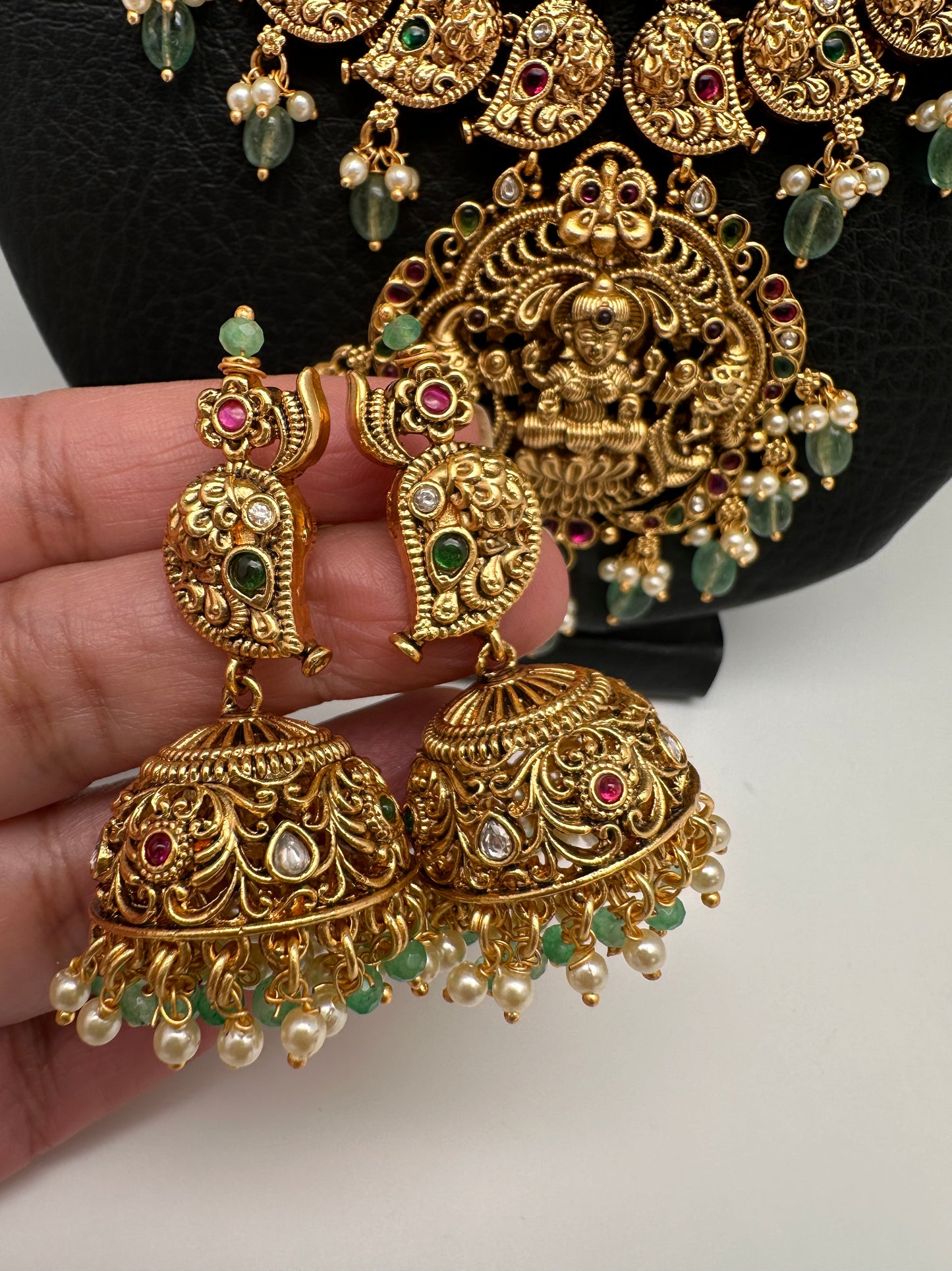 Goddess Lakshmi Ganesha Nakshi Matte Haar with Pearls and Emerald Beads