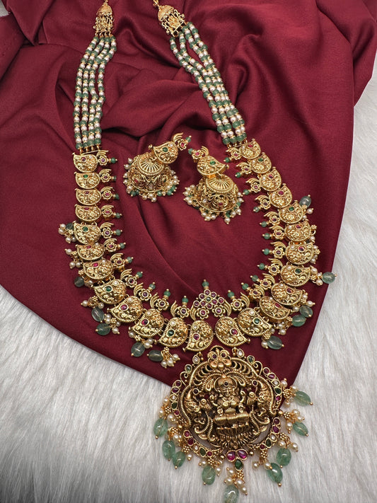 Goddess Lakshmi Ganesha Nakshi Matte Haar with Pearls and Emerald Beads