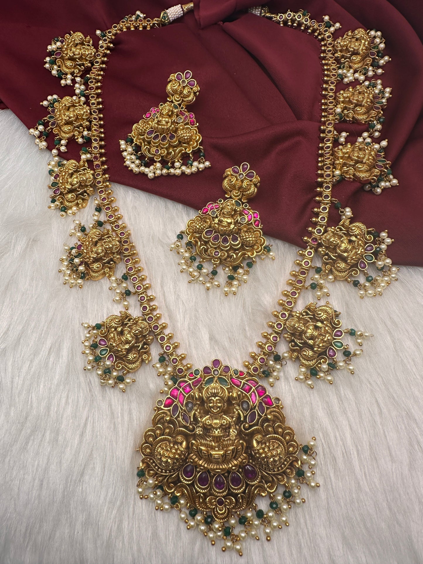 Goddess Lakshmi Jadau Potta Stones Nakshi Matte Haar with Pearls and Green Beads