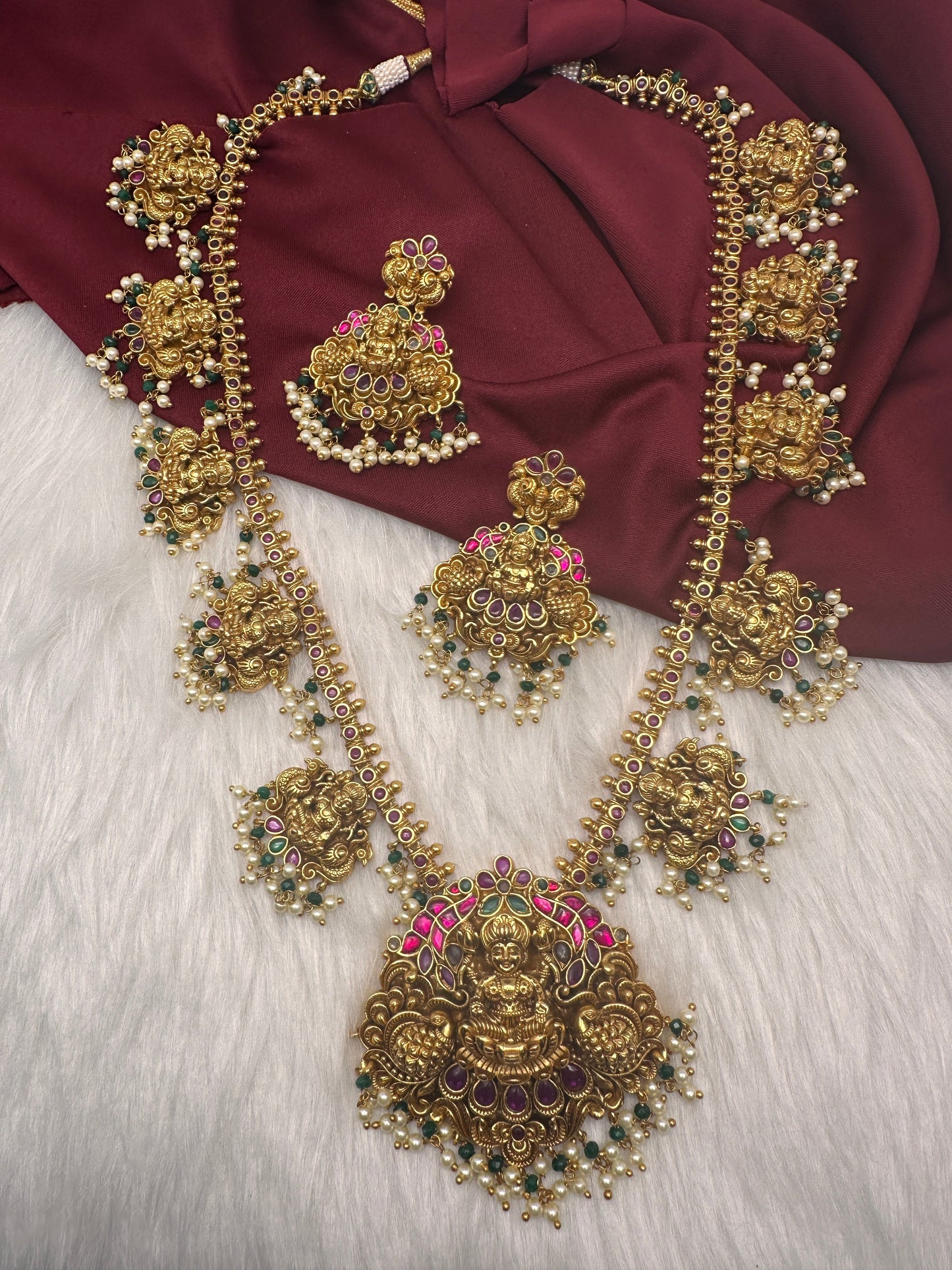 Goddess Lakshmi Jadau Potta Stones Nakshi Matte Haar with Pearls and Green Beads