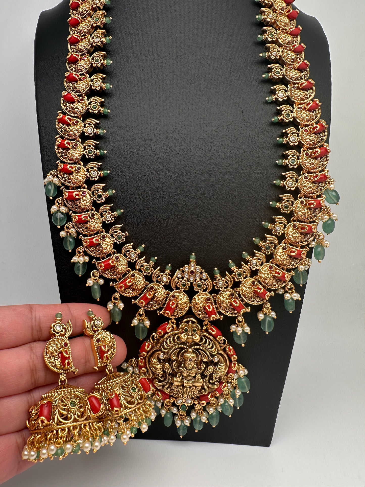 Goddess Lakshmi Nakshi Matte Coral Long Haar with Emerald Beads