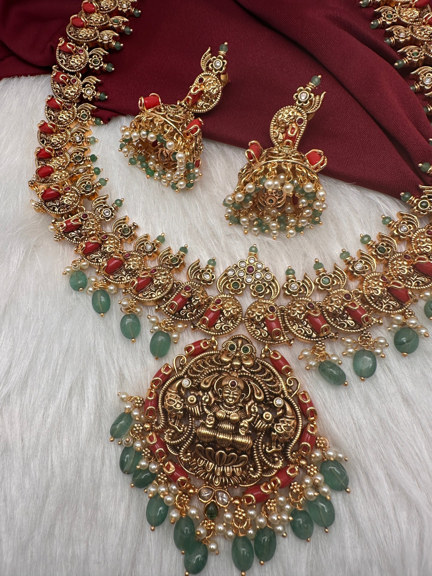 Goddess Lakshmi Nakshi Matte Coral Long Haar with Emerald Beads