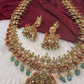 Goddess Lakshmi Nakshi Matte Coral Long Haar with Emerald Beads