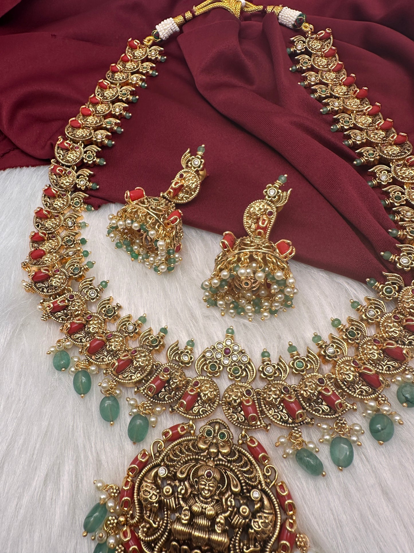 Goddess Lakshmi Nakshi Matte Coral Long Haar with Emerald Beads