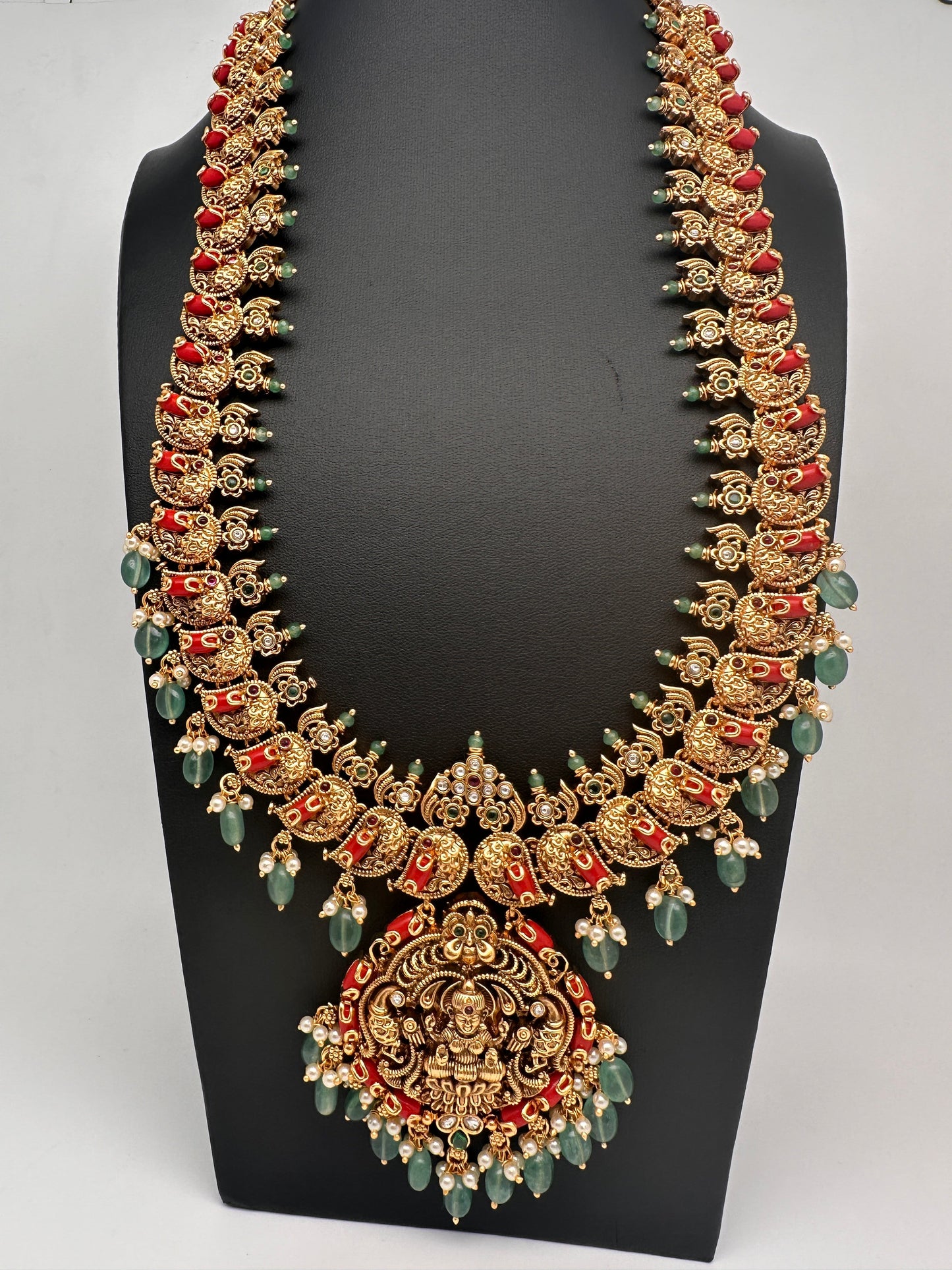 Goddess Lakshmi Nakshi Matte Coral Long Haar with Emerald Beads