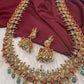 Goddess Lakshmi Nakshi Matte Coral Long Haar with Emerald Beads