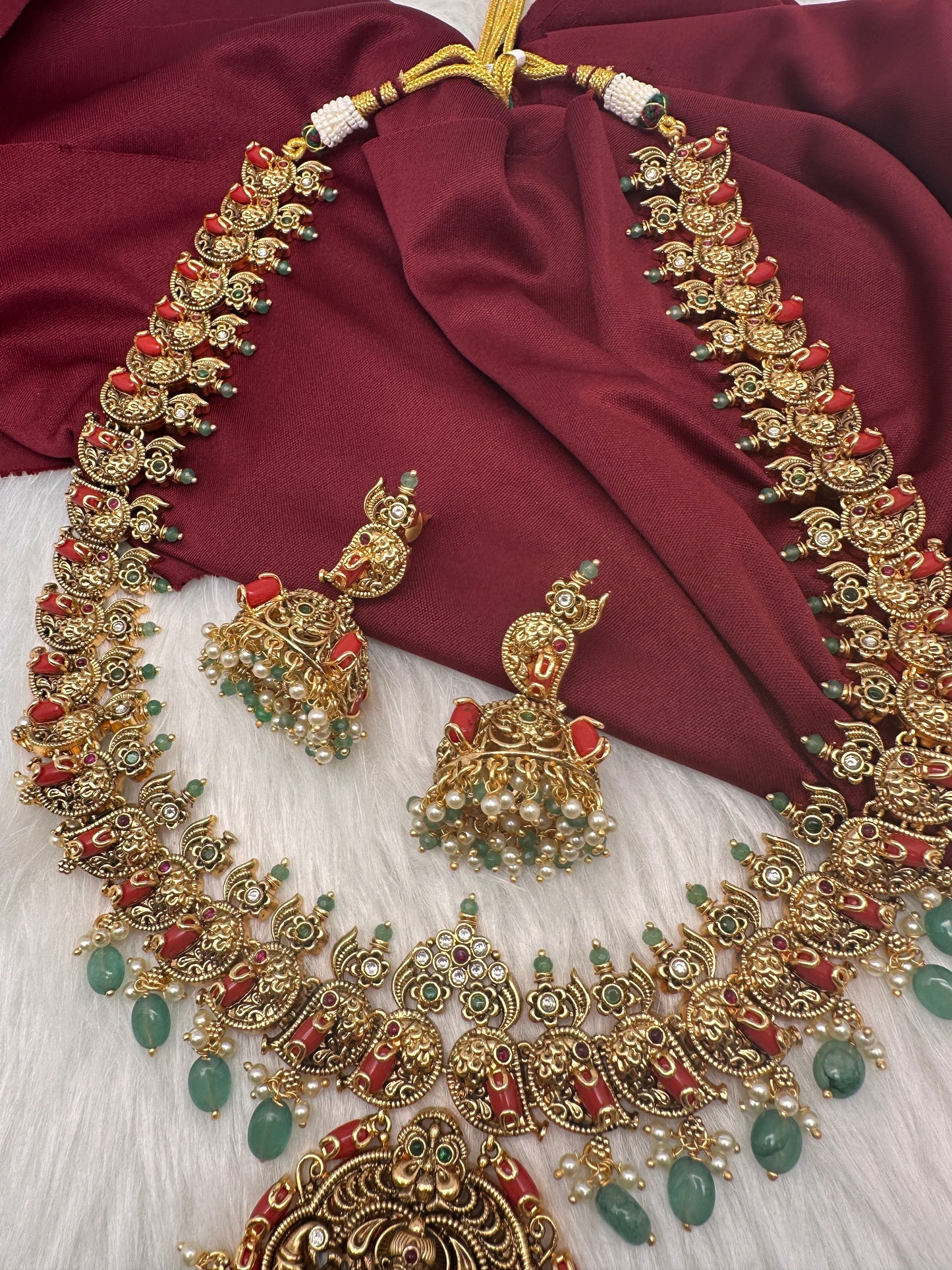 Goddess Lakshmi Nakshi Matte Coral Long Haar with Emerald Beads