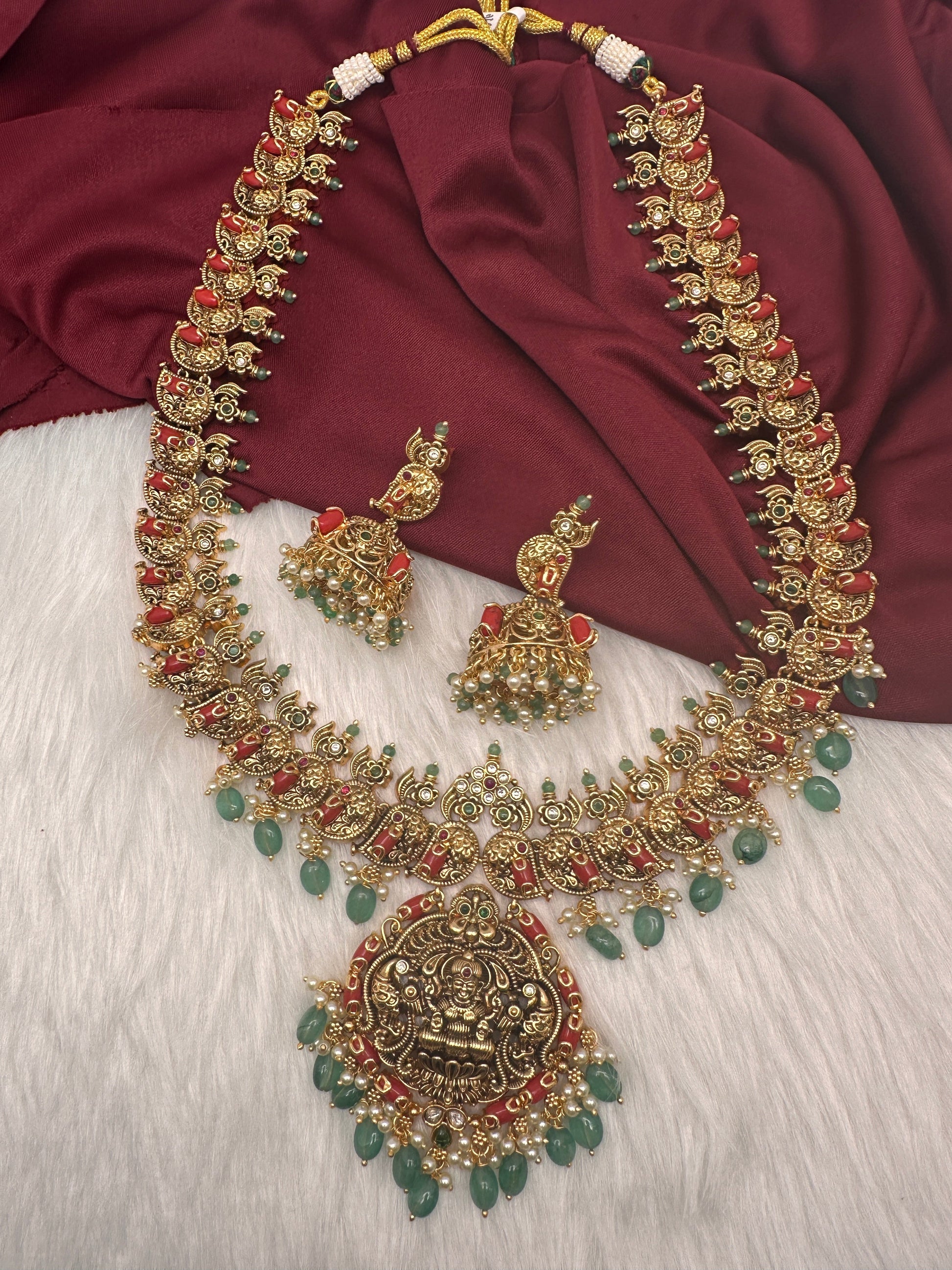 Goddess Lakshmi Nakshi Matte Coral Long Haar with Emerald Beads