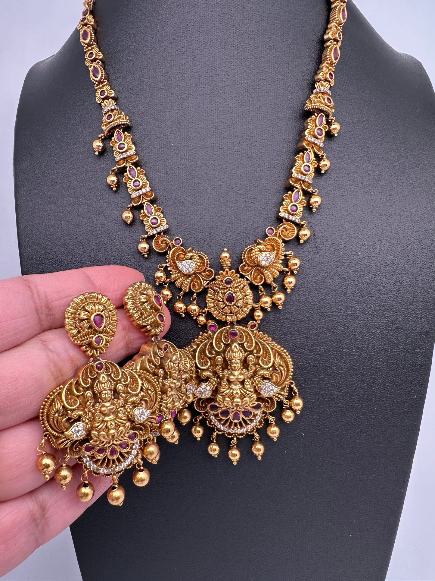 Goddess Lakshmi Nakshi Matte Antique Finish Short Necklace Set