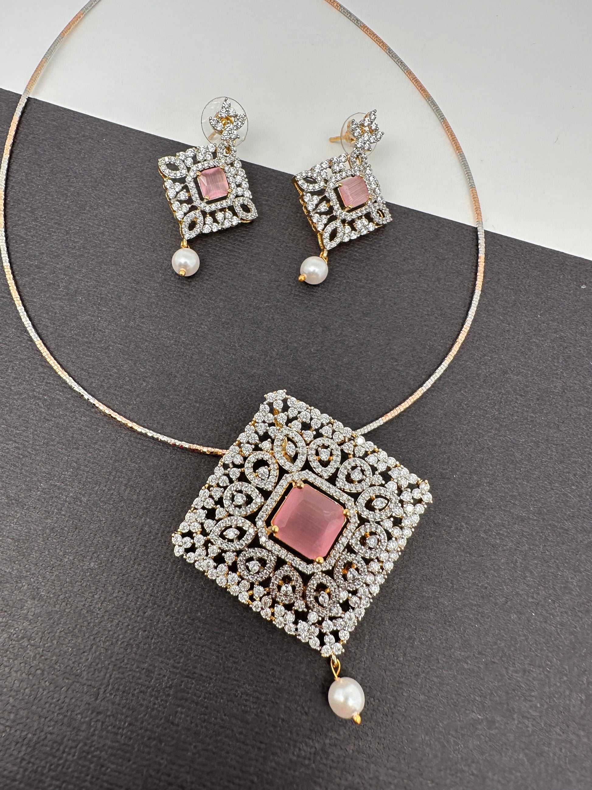 AD Color Stone Pendent Set - Pink