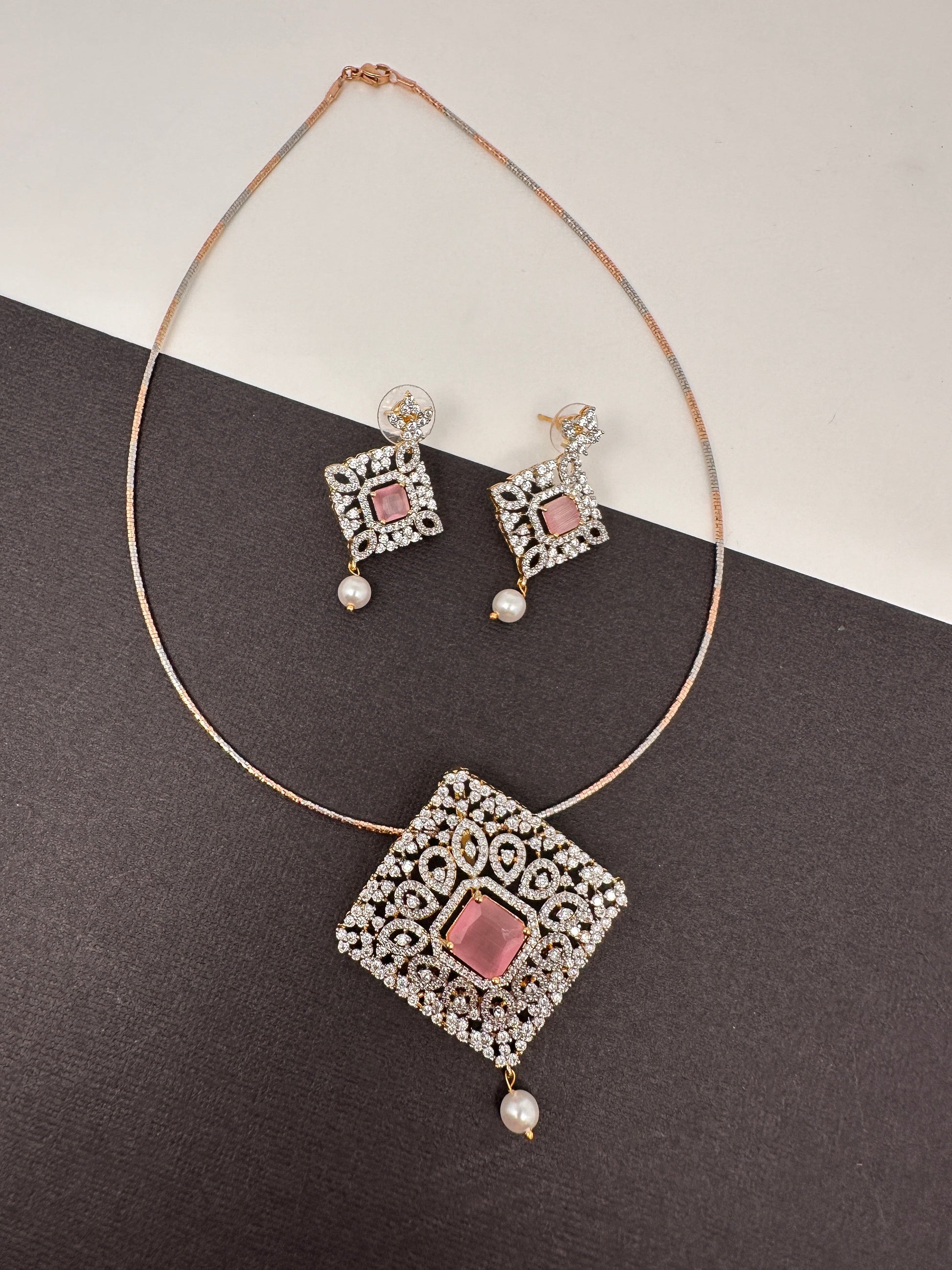 AD Color Stone Pendent Set - Pink