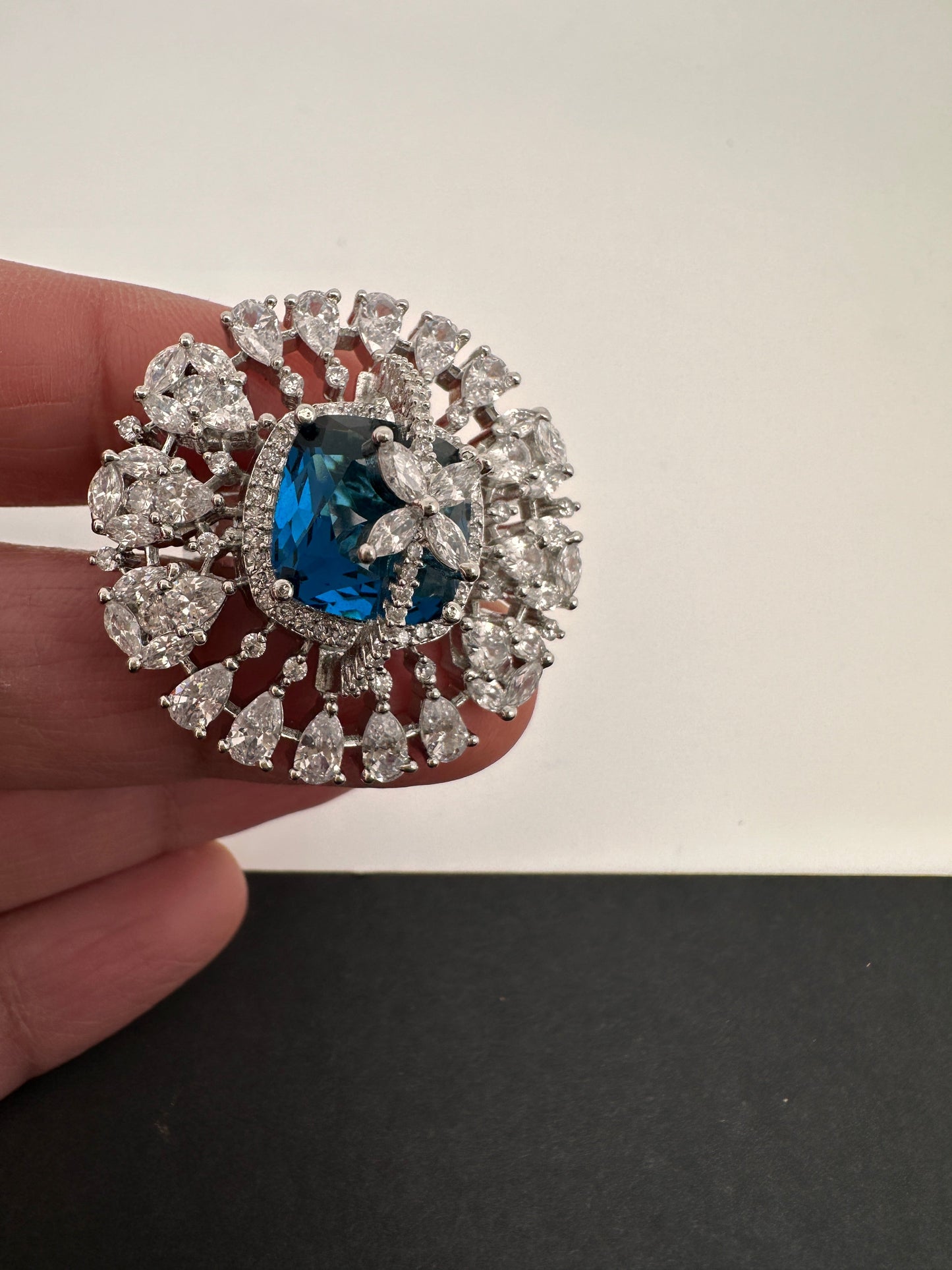 AD Silver Adjustable Color Stone Cocktail lRing - Blue