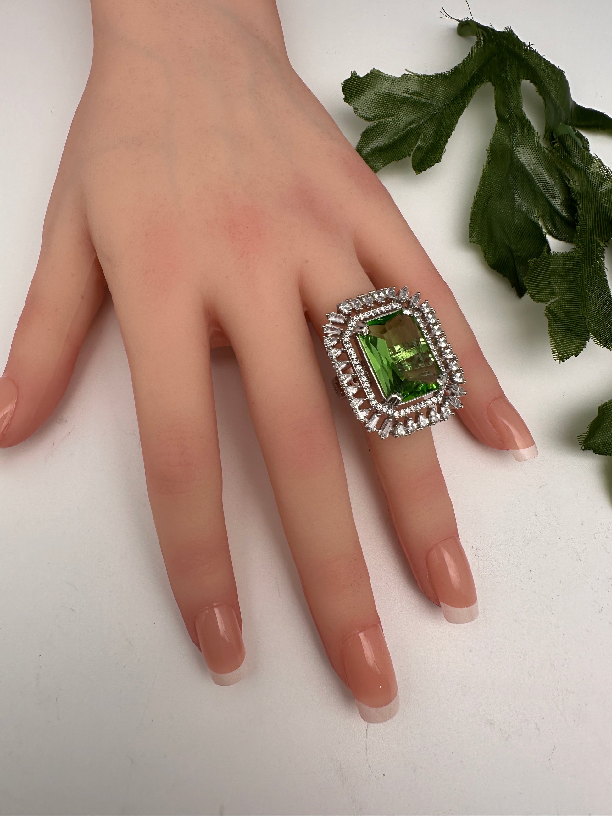 CZ Silver Finish Adjustable Color Stone Cocktail Ring - LightGreen