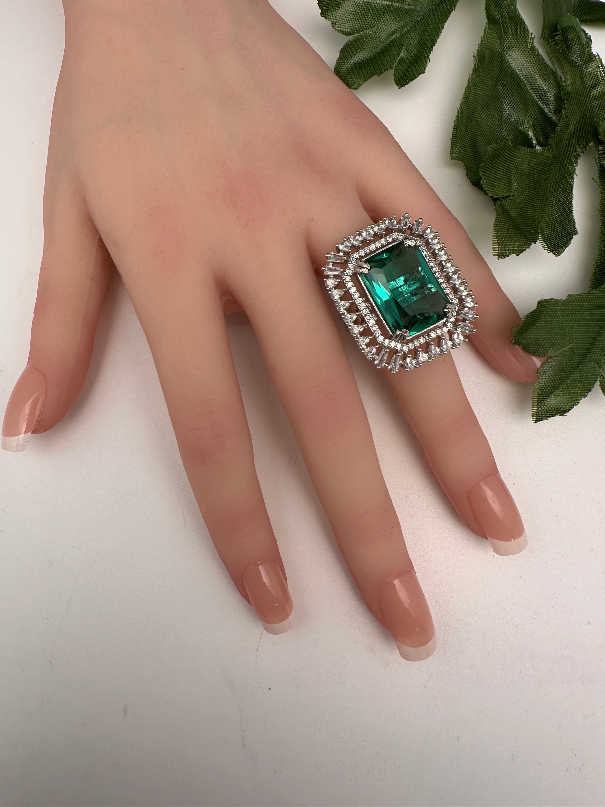 CZ Silver Finish Adjustable Color Stone Cocktail Ring - RamaGreen