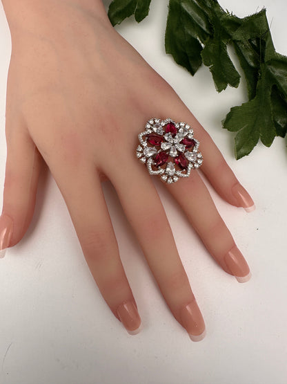 AD Silver Adjustable Color Stone Cocktail Ring - Red