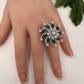 AD Floral Silver Adjustable Color Stone Cocktail Ring - Blue