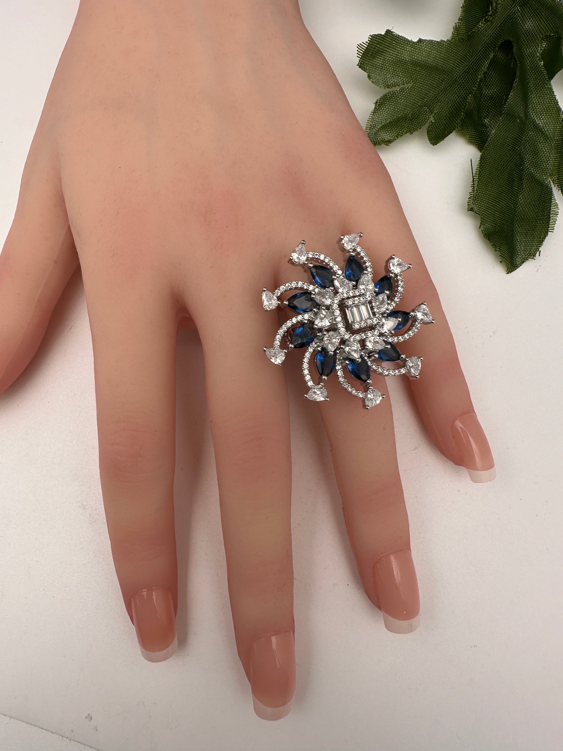 AD Floral Silver Adjustable Color Stone Cocktail Ring - Blue