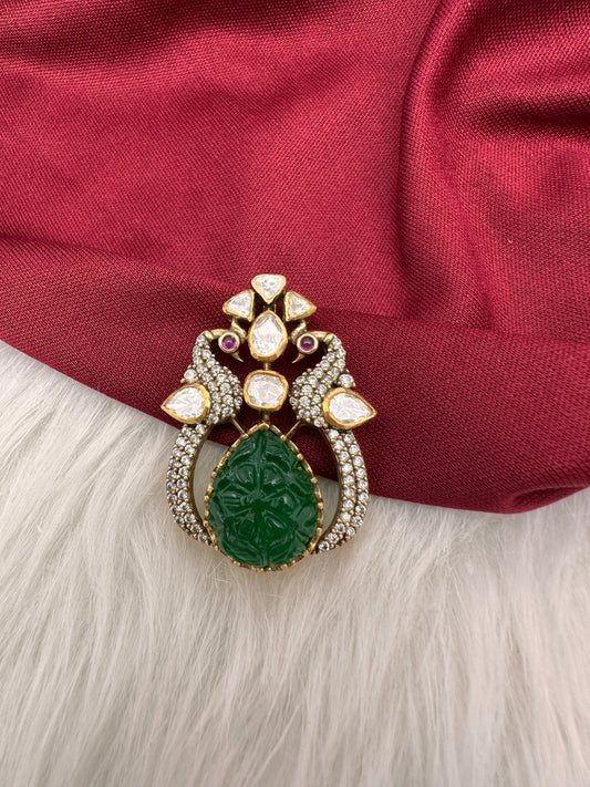 Victorian Moissanite Green Carved Stone Peacock 92.5 Silver Pendent