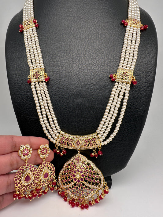 Red Stone Hyderabadi Jadau Pendent Pearl Raani Haar Necklace