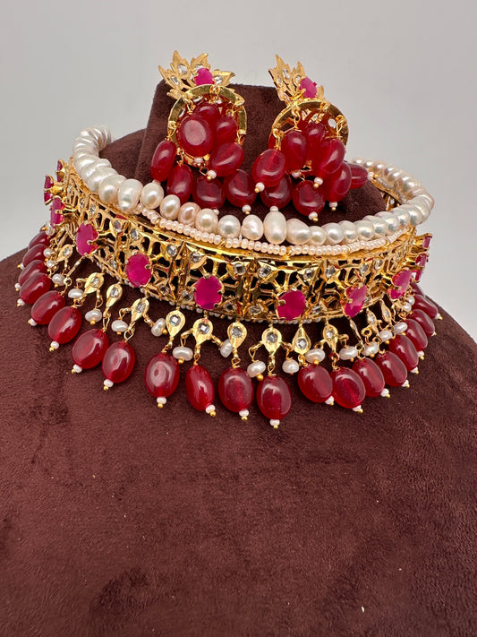 Color Stone Hyderabadi Jadau Real Freshwater Pearls Choker - Red