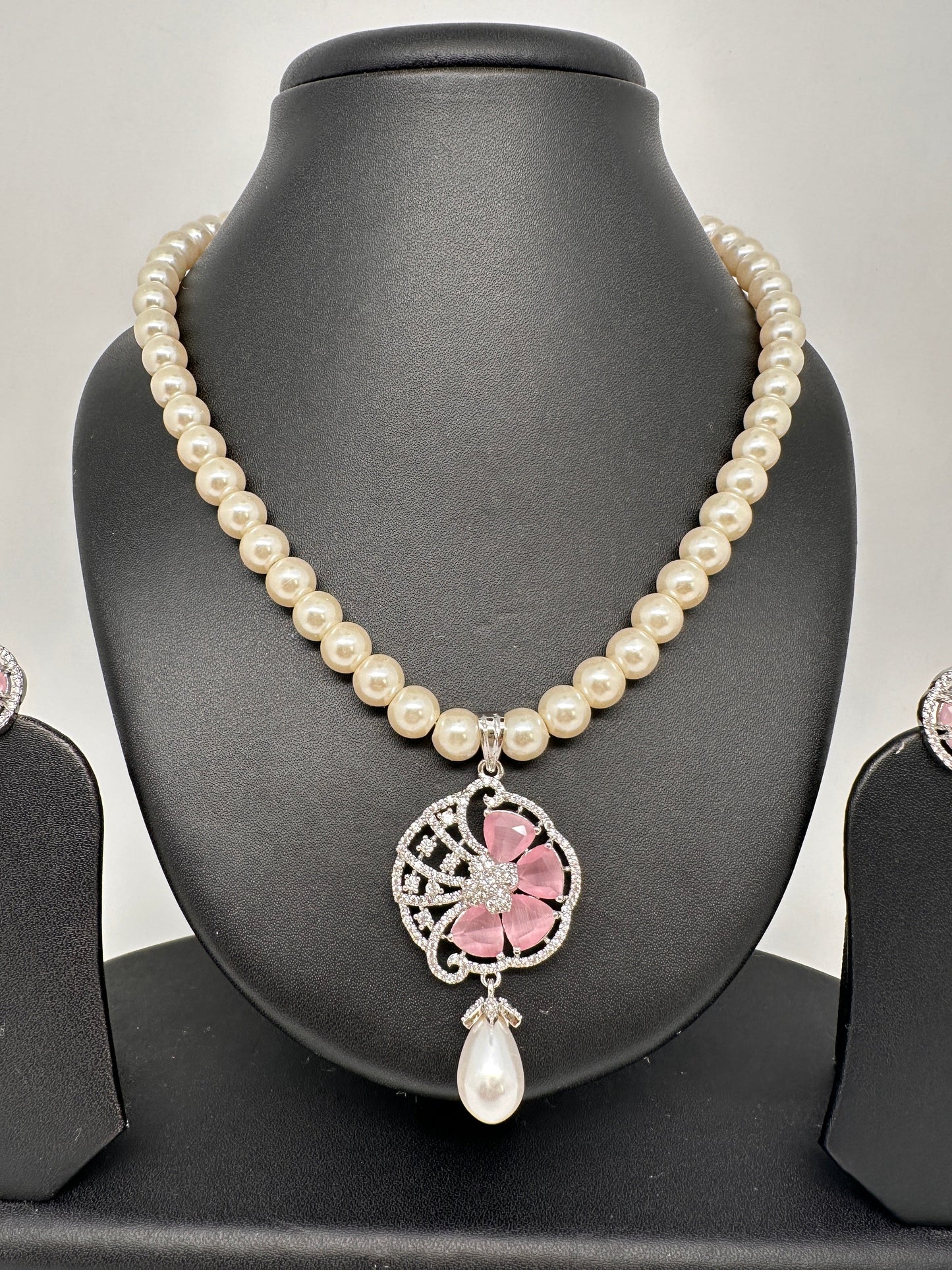 Pink Floral AD Pendent In Silver Finish with Shell Pearl Necklace