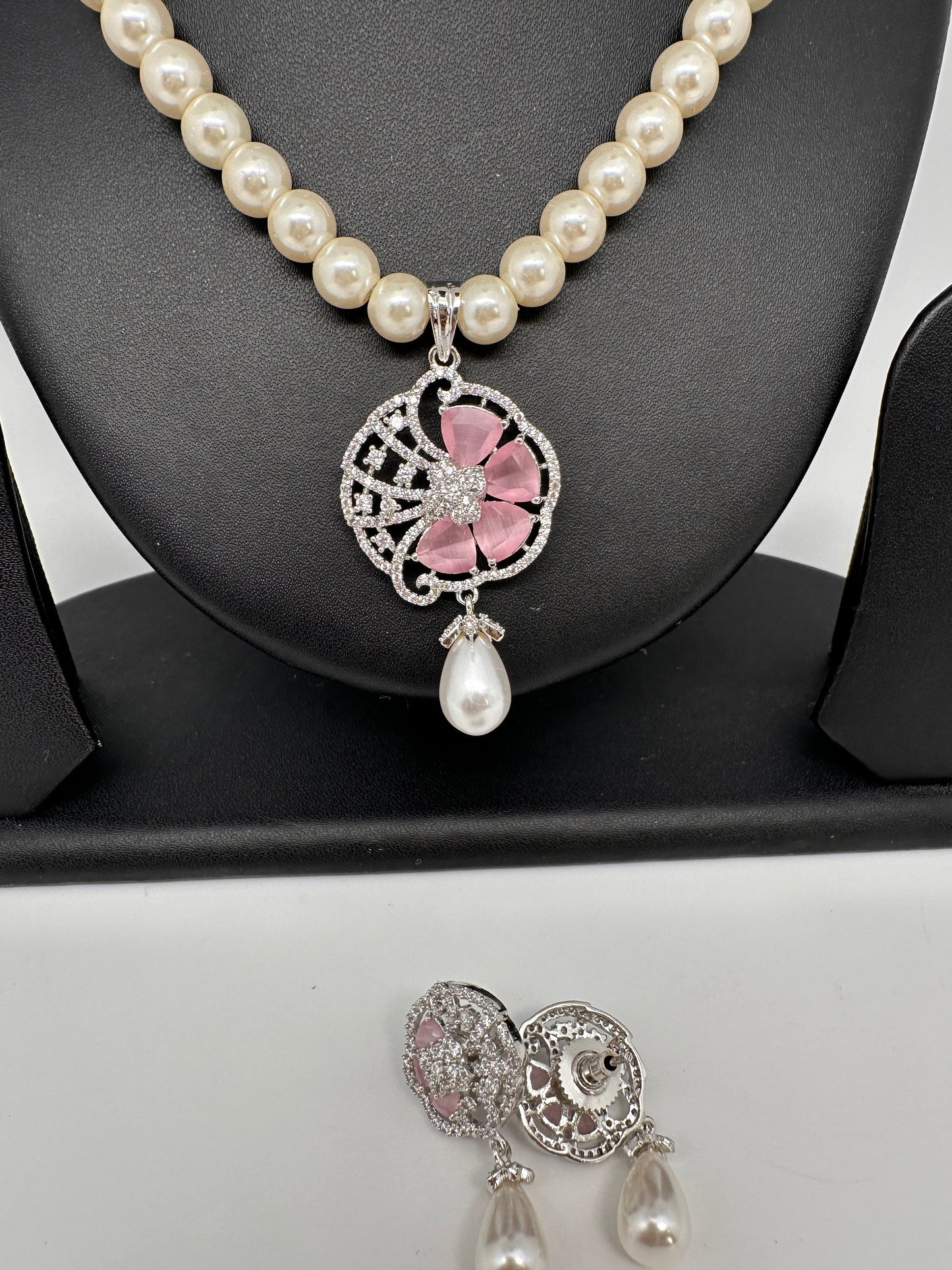 Pink Floral AD Pendent In Silver Finish with Shell Pearl Necklace