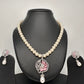 Pink Floral AD Pendent In Silver Finish with Shell Pearl Necklace