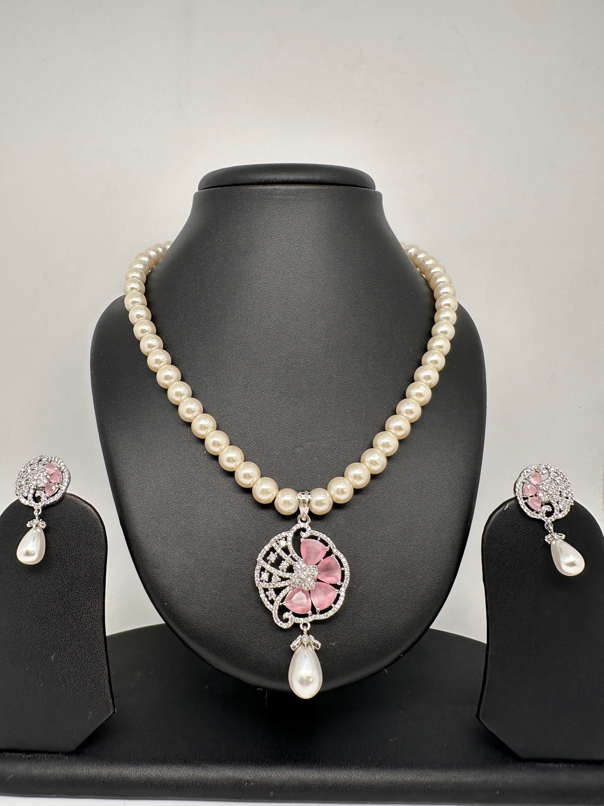 Pink Floral AD Pendent In Silver Finish with Shell Pearl Necklace