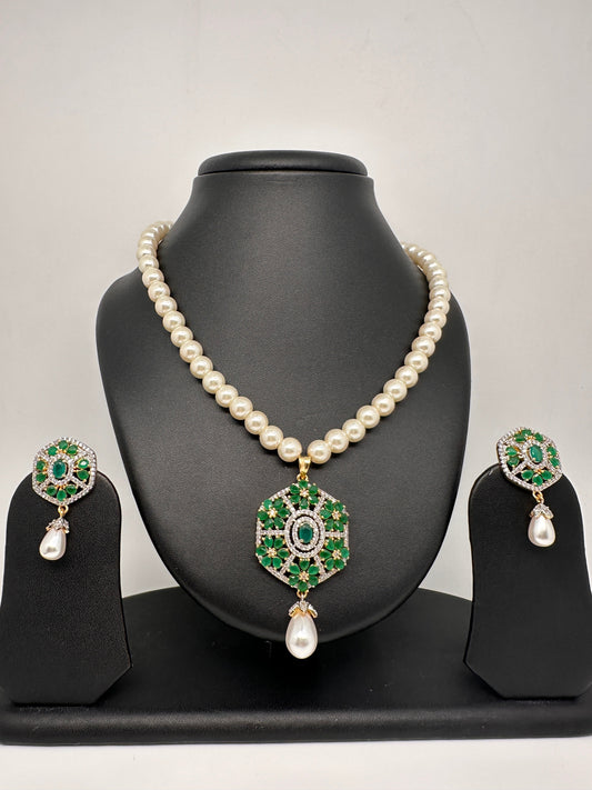 Green AD Pendent with Shell Pearl Necklace