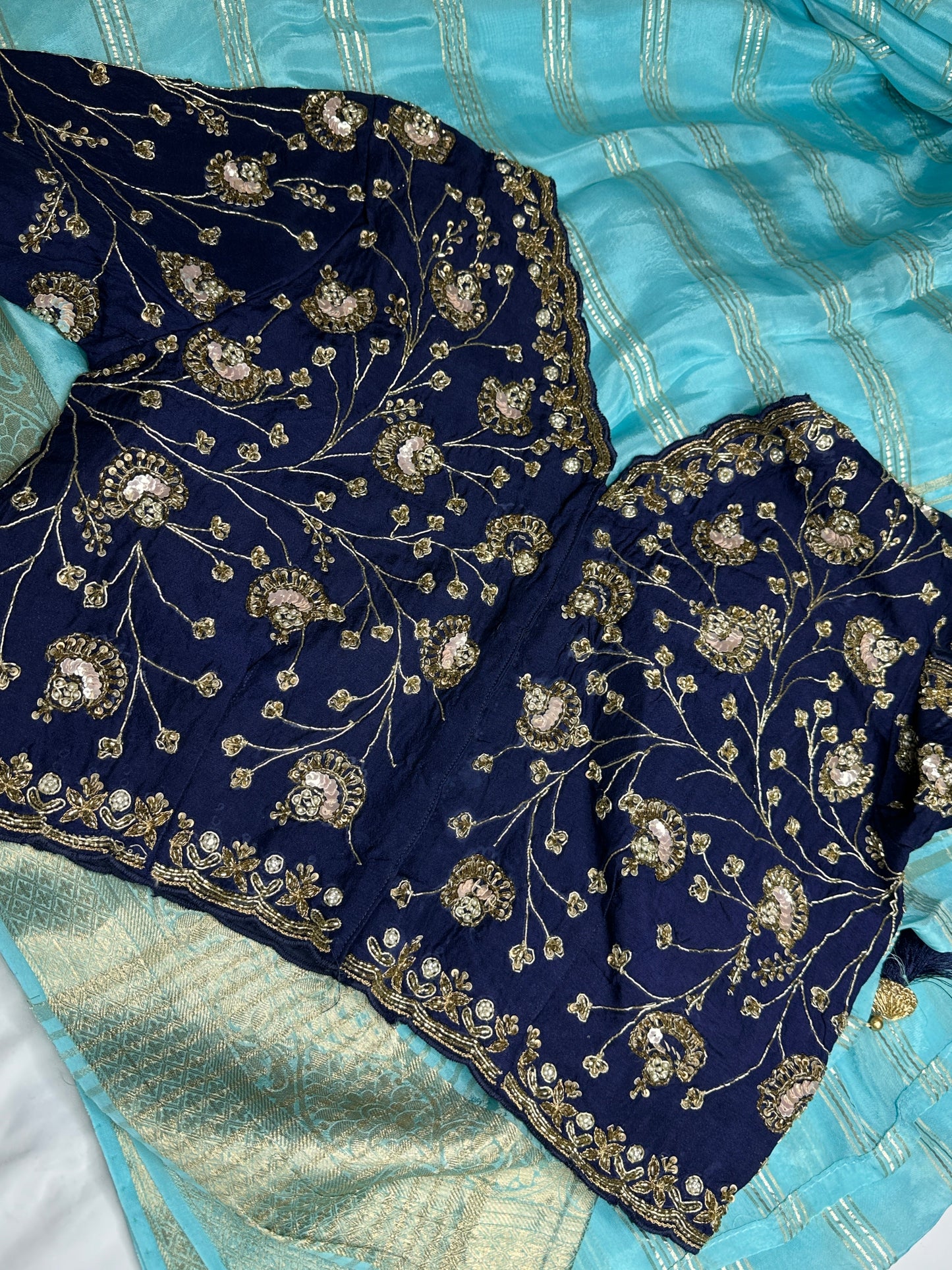 Blue Semi Crepe with Zari Border Saree