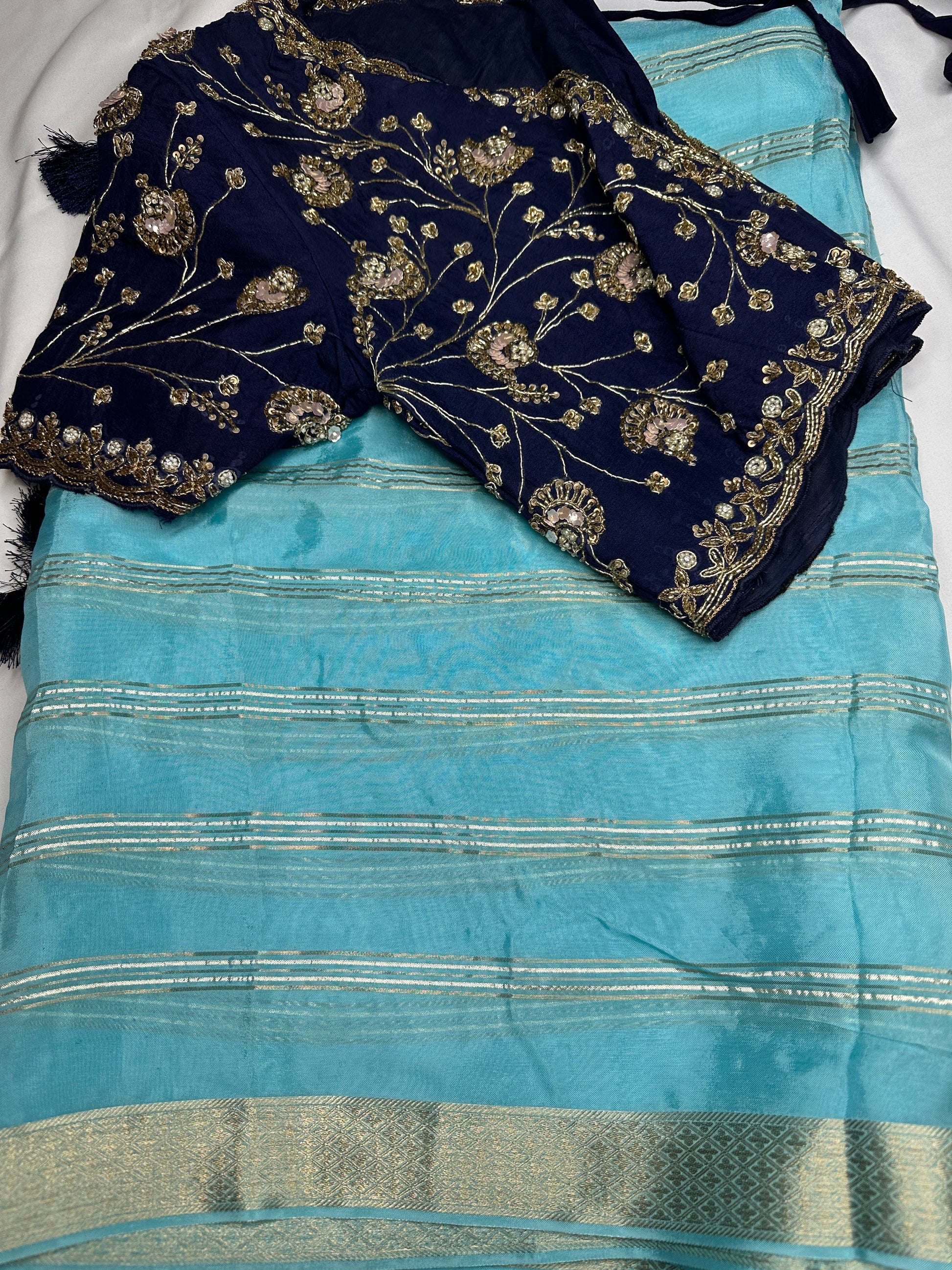 Blue Semi Crepe with Zari Border Saree