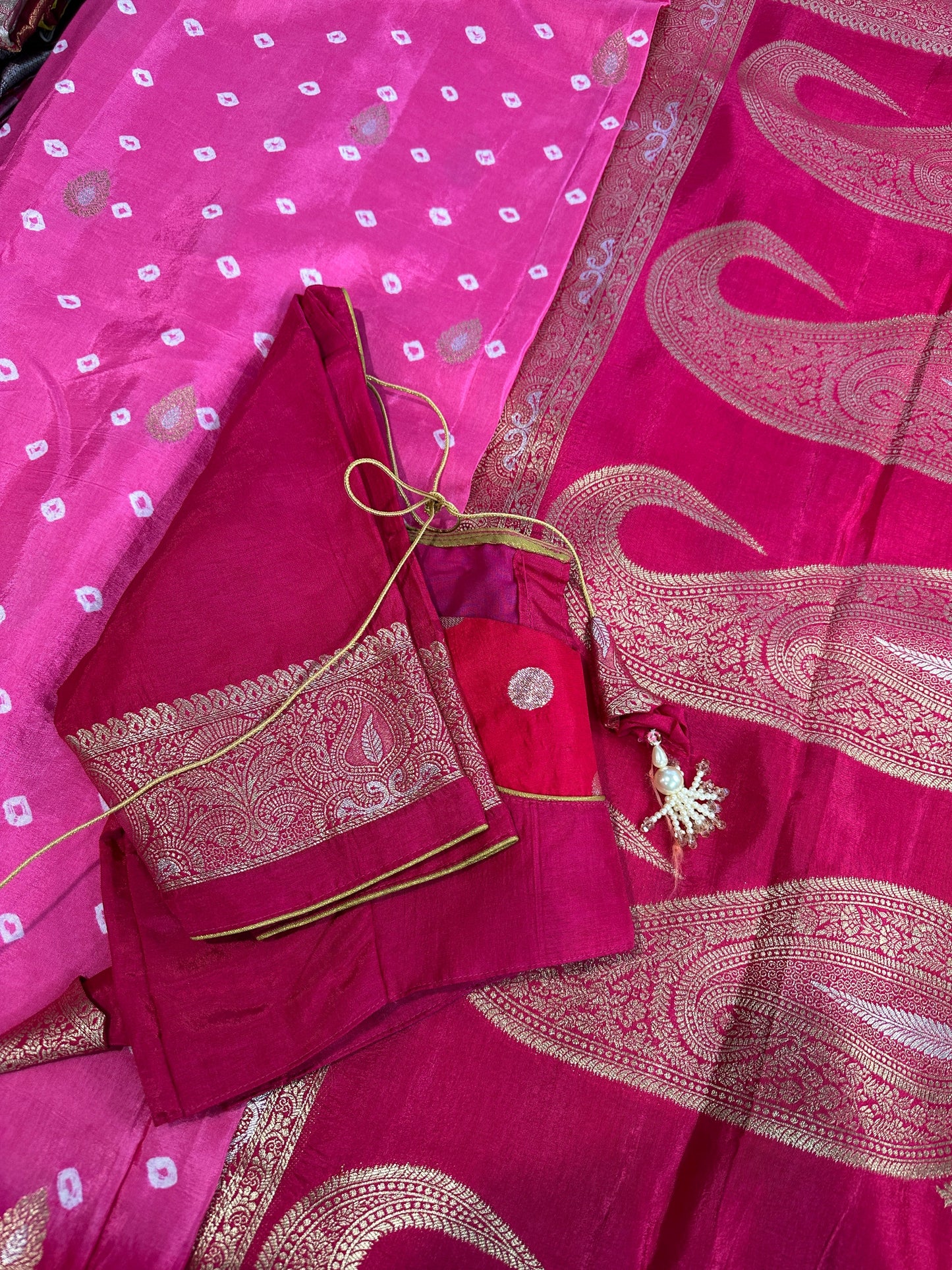 Pink Badhani Saree with Khadi Border