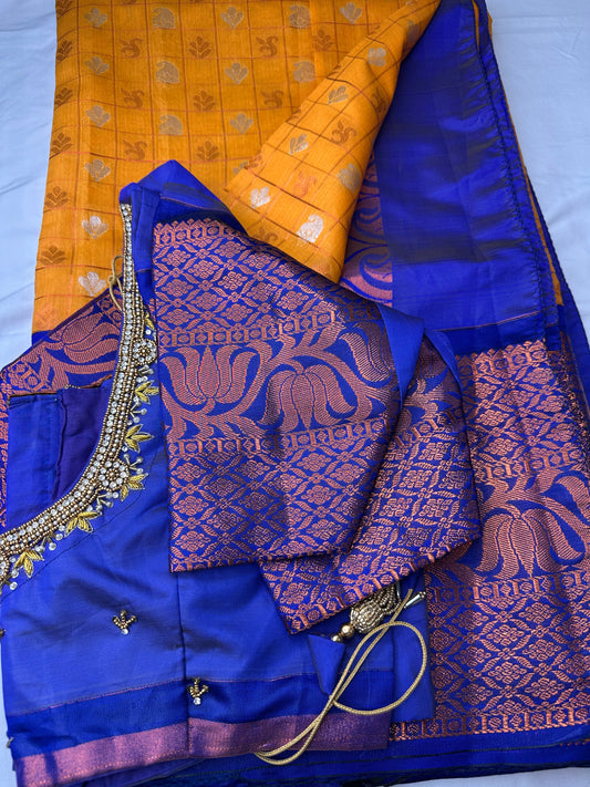 Orange and Blue Semi Kuppdam Saree