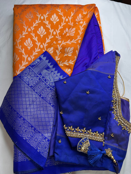 Yellow and Blue Semi Kuppdam Saree