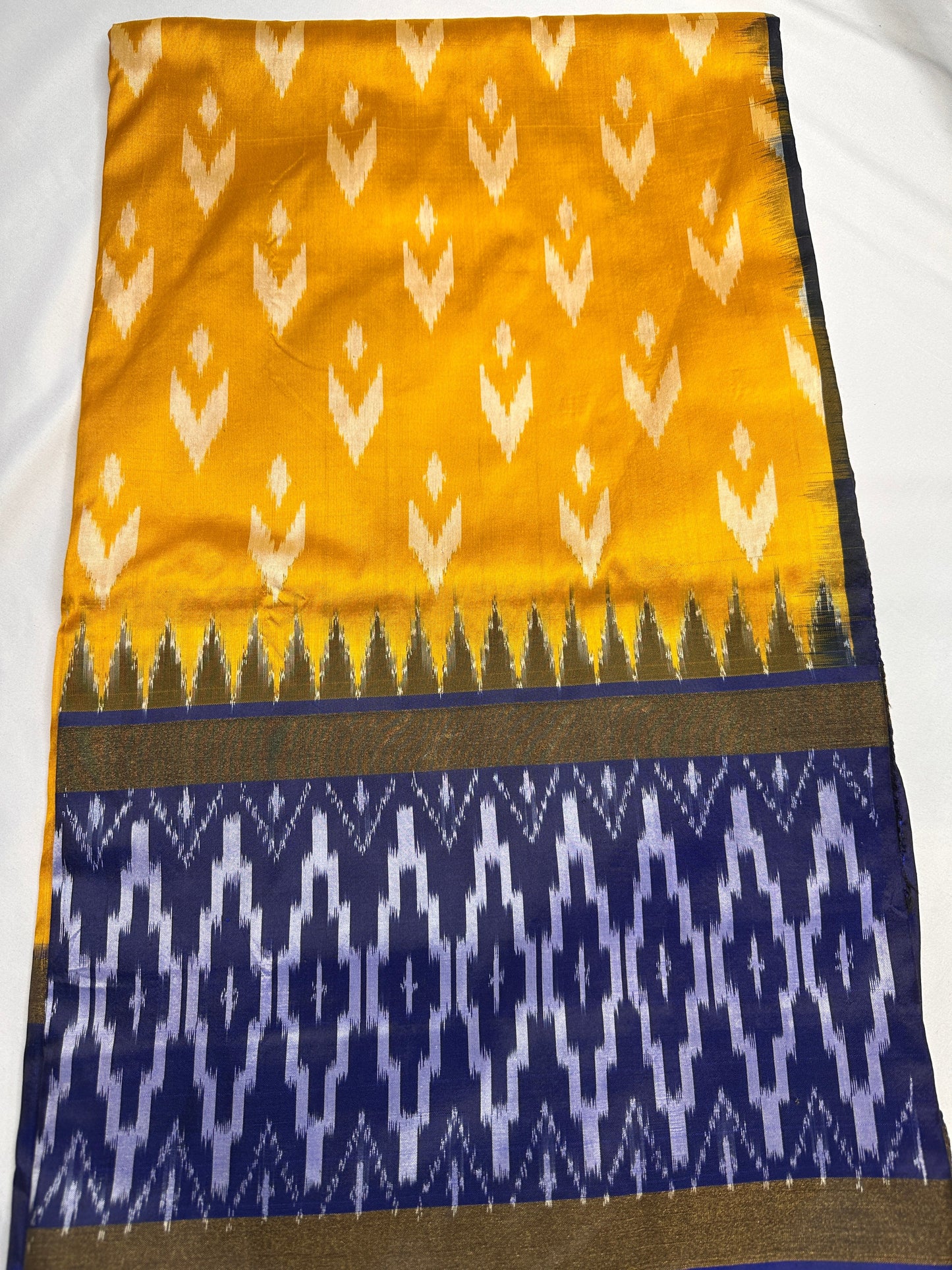 Yellow and Blue Double Ikkat Pochampally Pure Silk