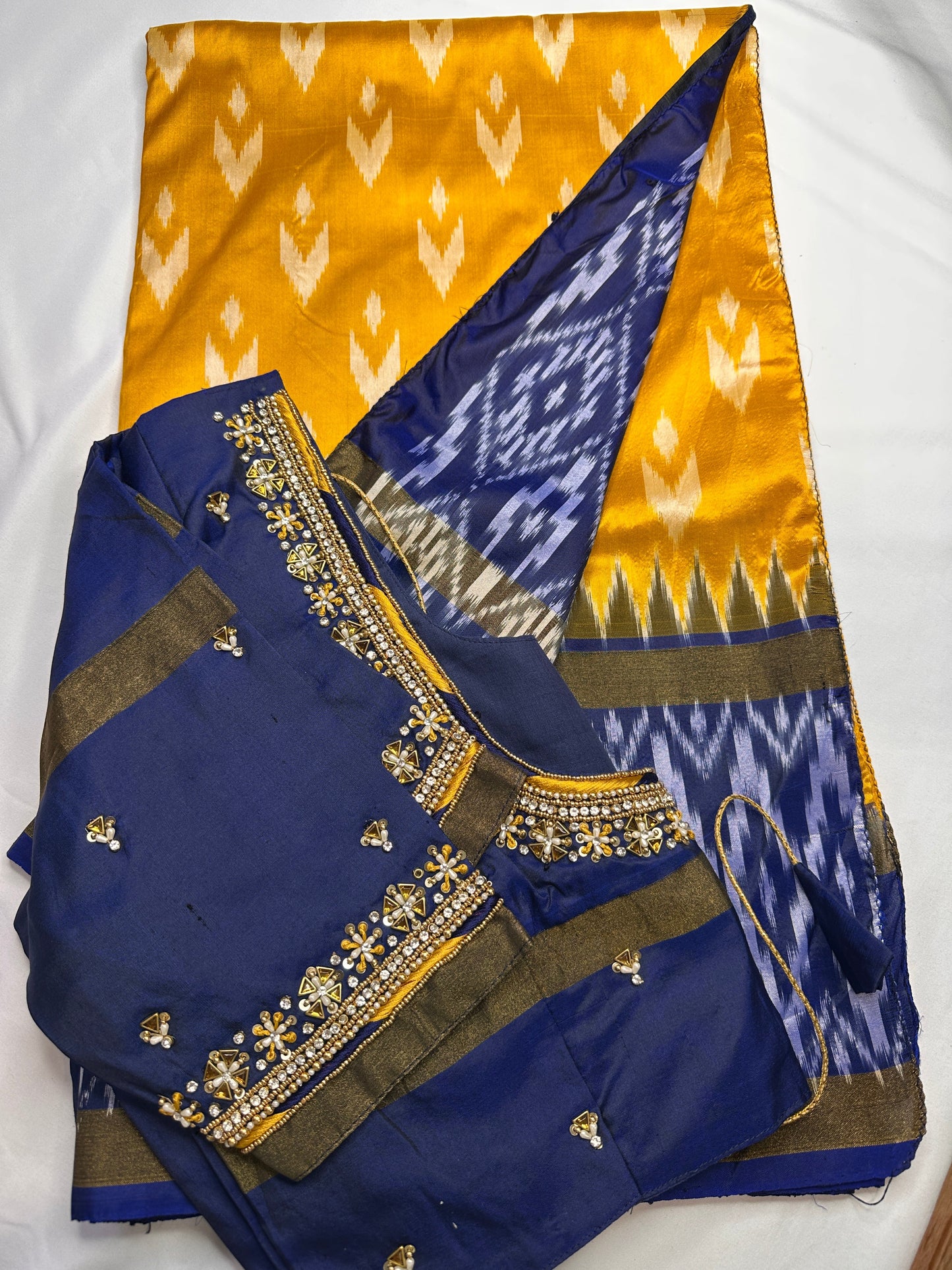 Yellow and Blue Double Ikkat Pochampally Pure Silk