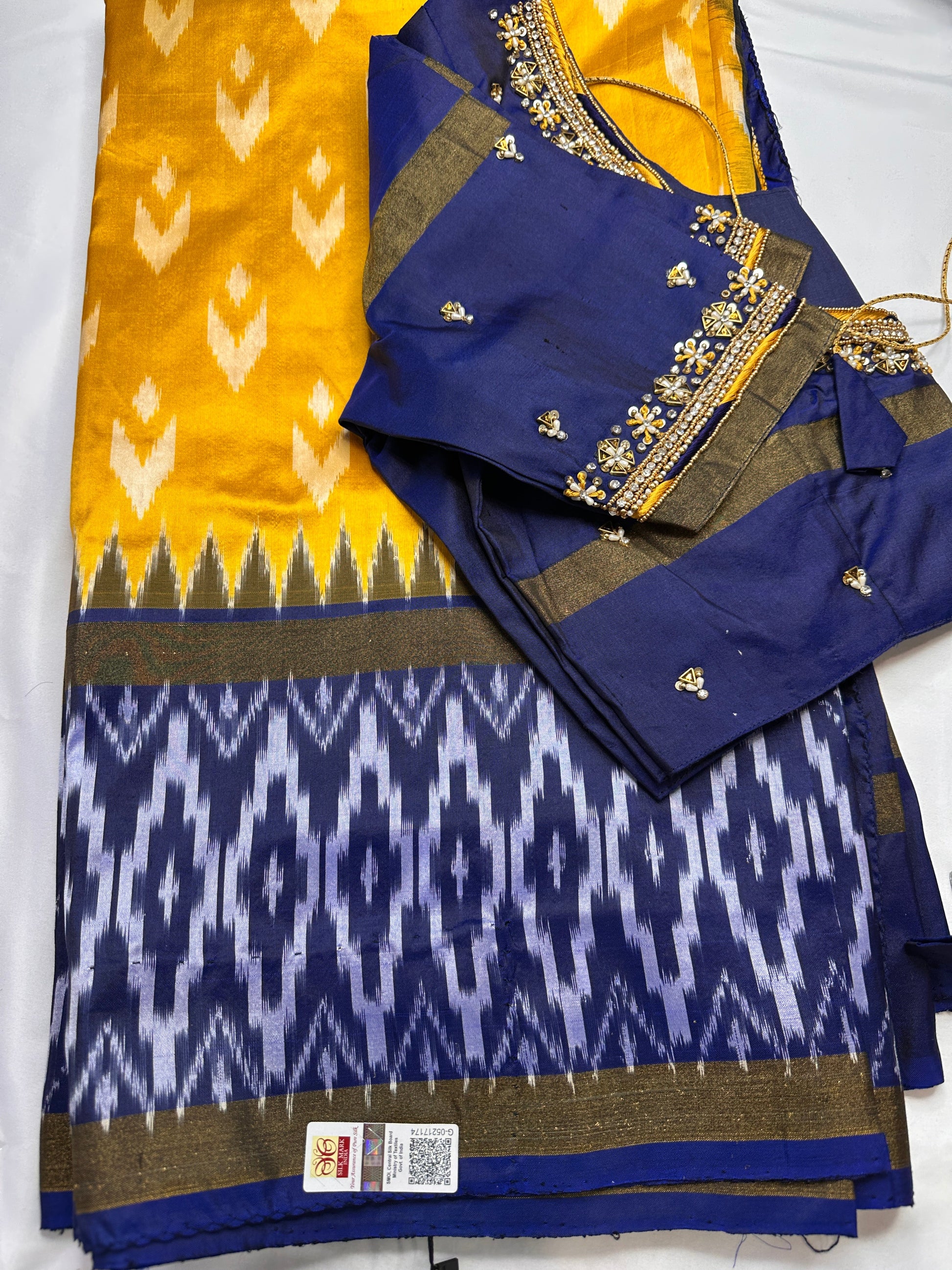 Yellow and Blue Double Ikkat Pochampally Pure Silk