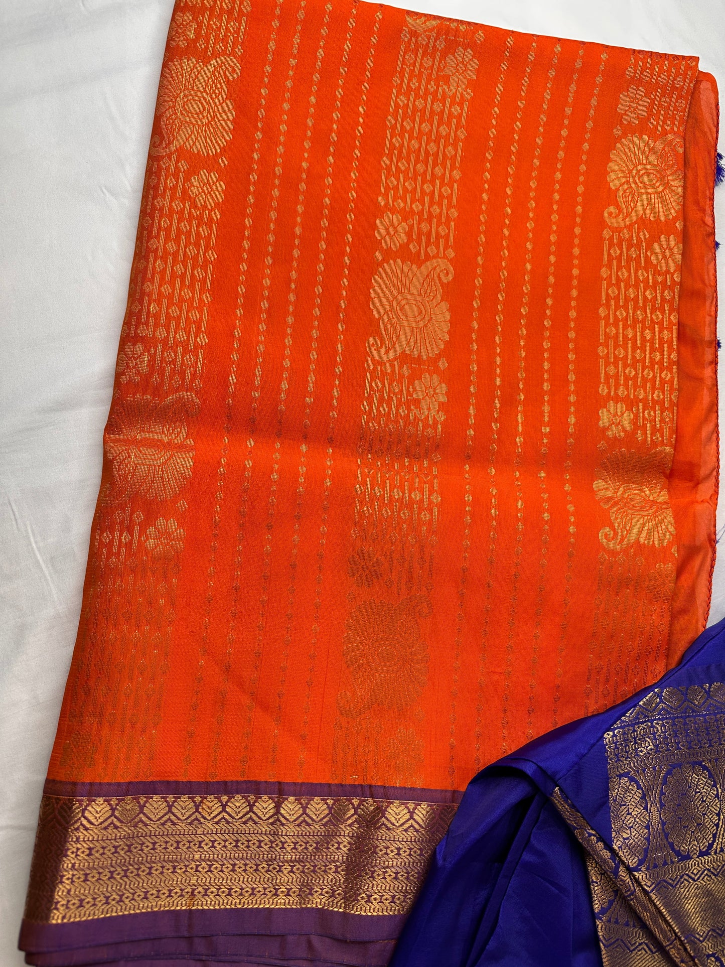 Kanchi Semi Silk Orange and Blue Saree