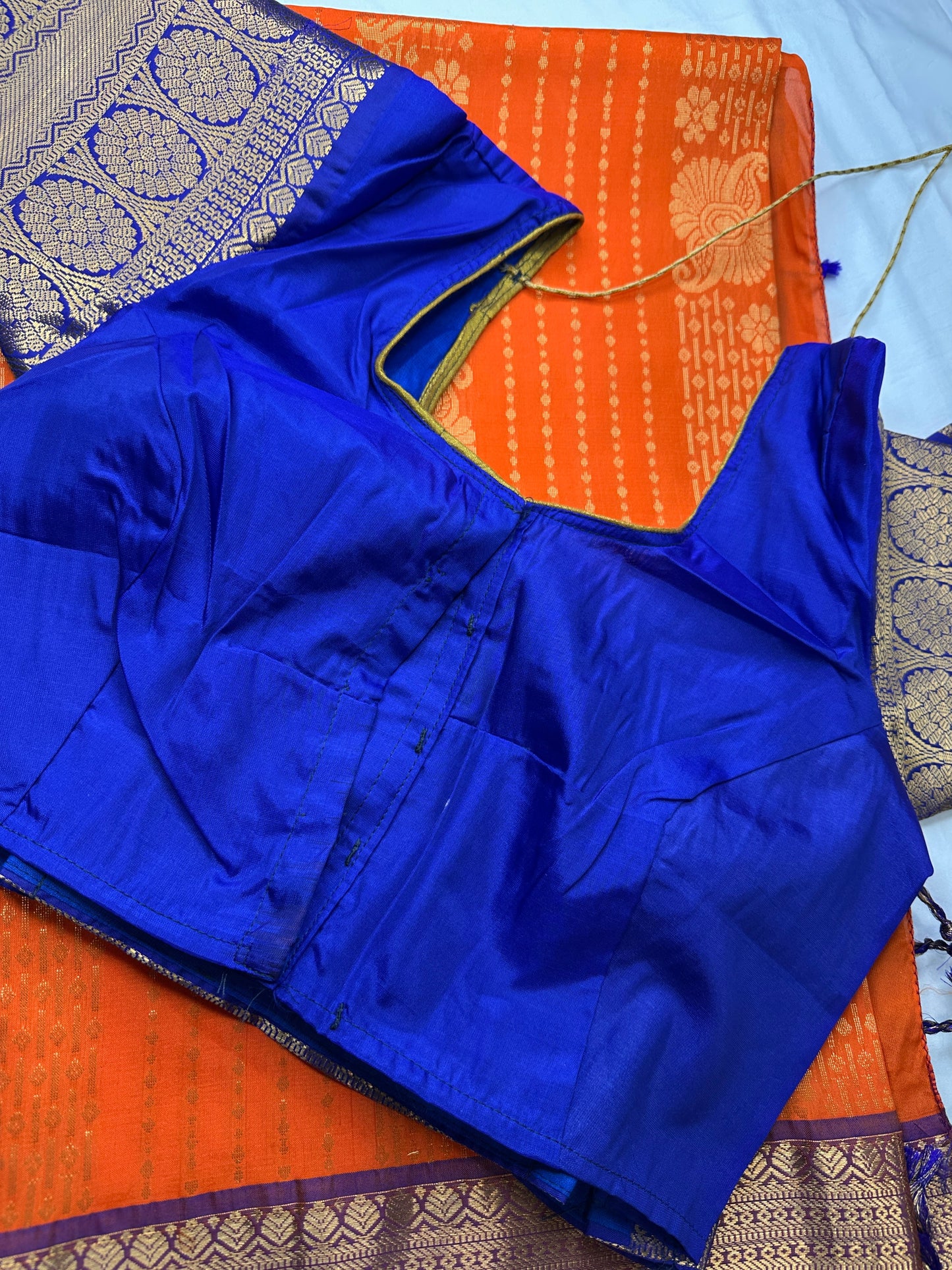 Kanchi Semi Silk Orange and Blue Saree