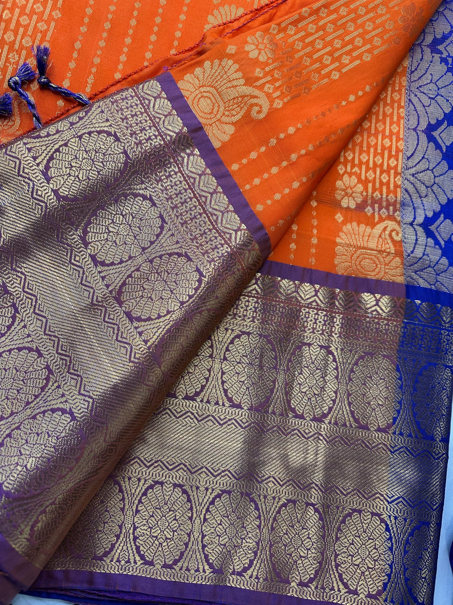 Kanchi Semi Silk Orange and Blue Saree