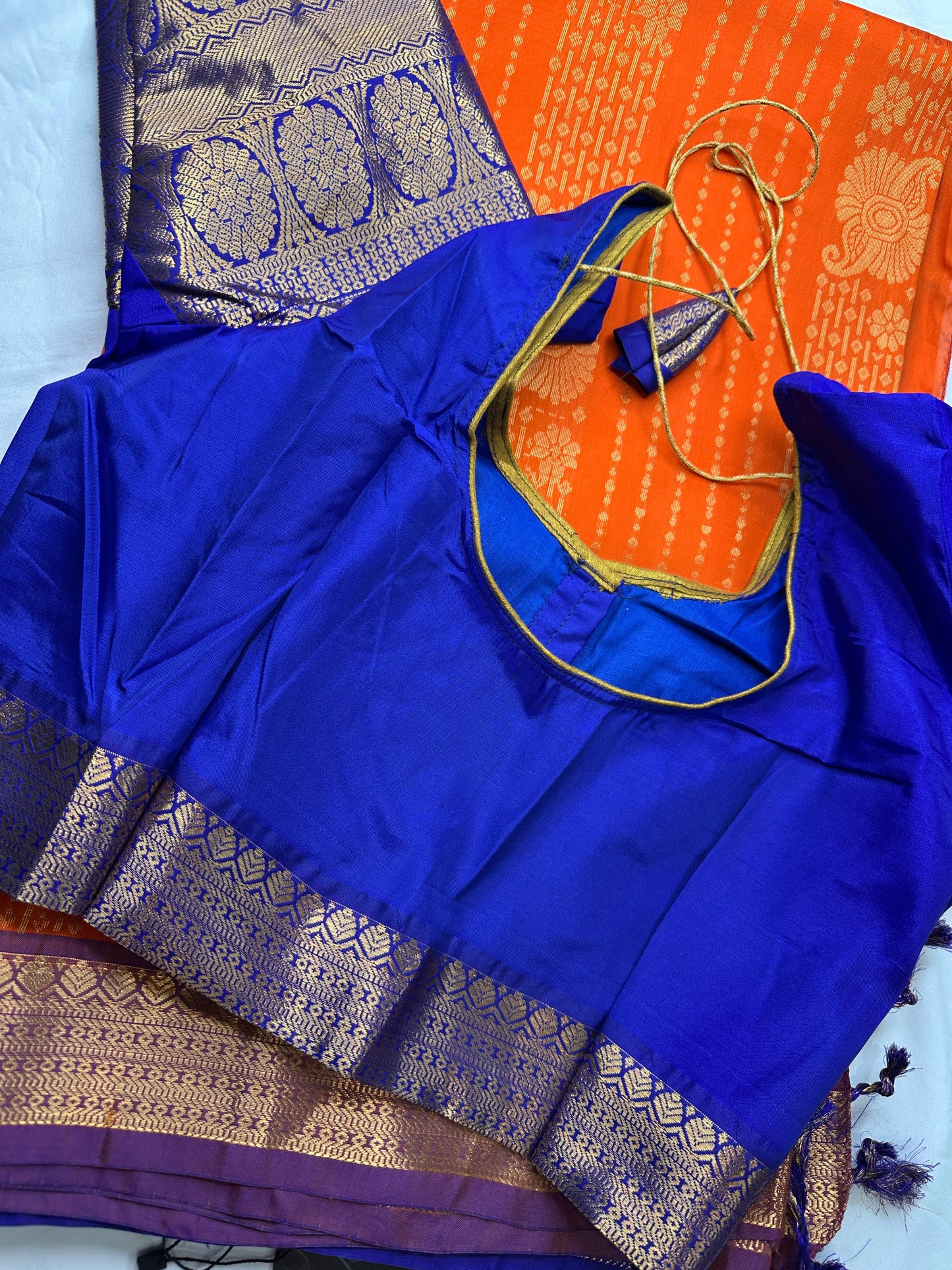 Kanchi Semi Silk Orange and Blue Saree