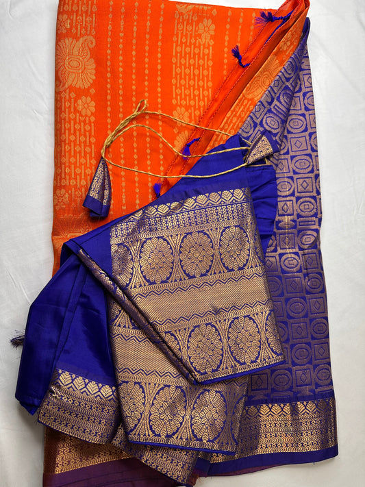 Kanchi Semi Silk Orange and Blue Saree