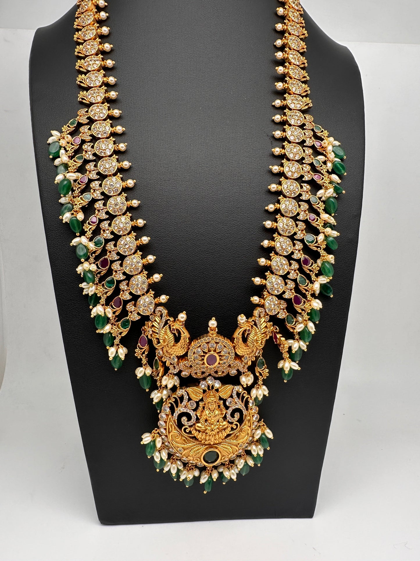 Goddess Lakshmi Peacock Botu Mala Green beads Long Necklace