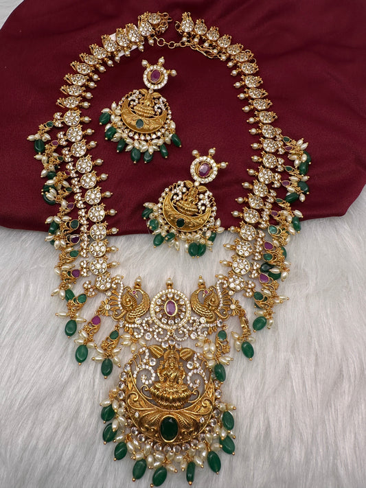 Goddess Lakshmi Peacock Botu Mala Green beads Long Necklace