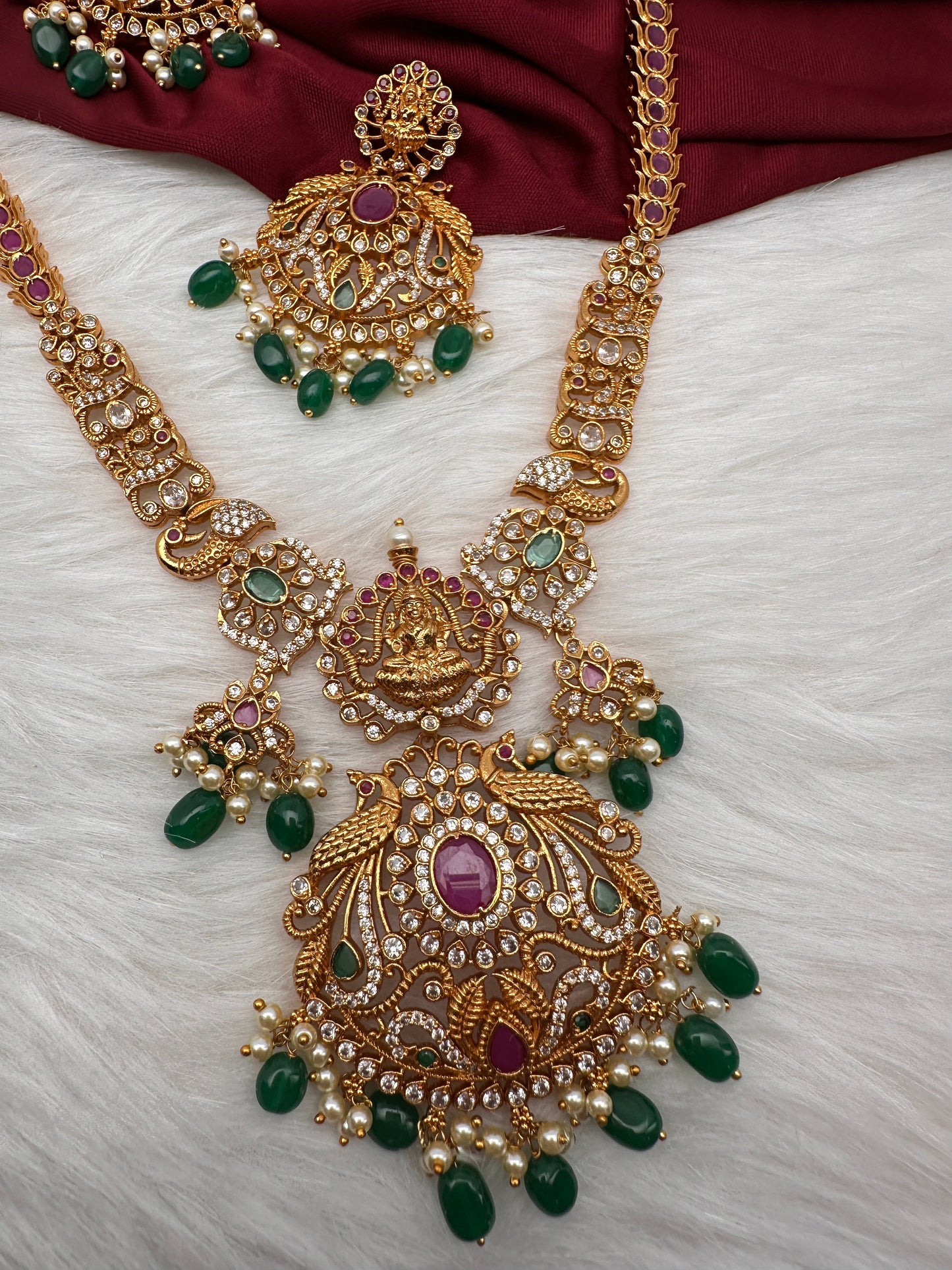 Goddess Lakshmi Red Kemp Green beads Long Necklace