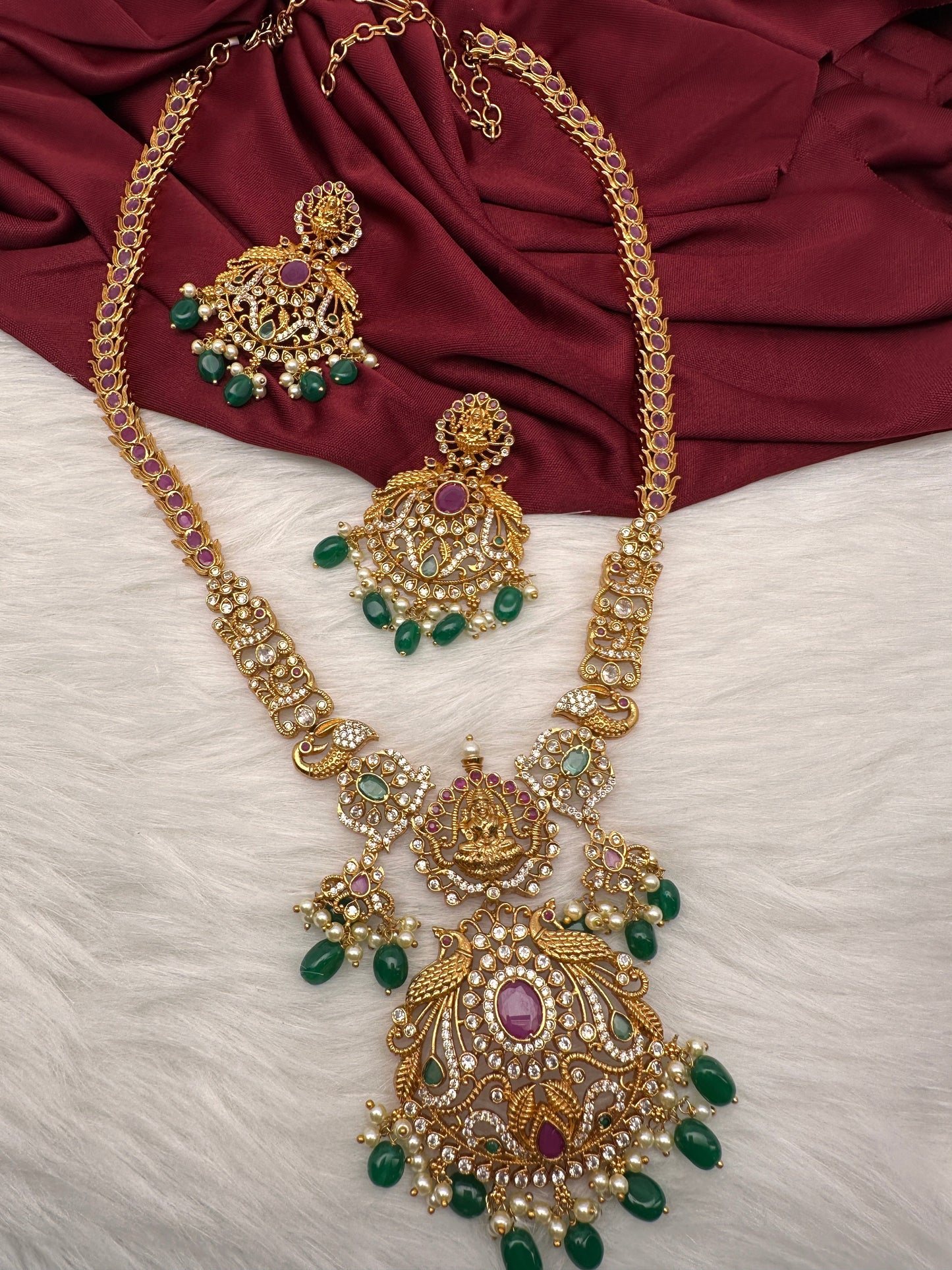 Goddess Lakshmi Red Kemp Green beads Long Necklace