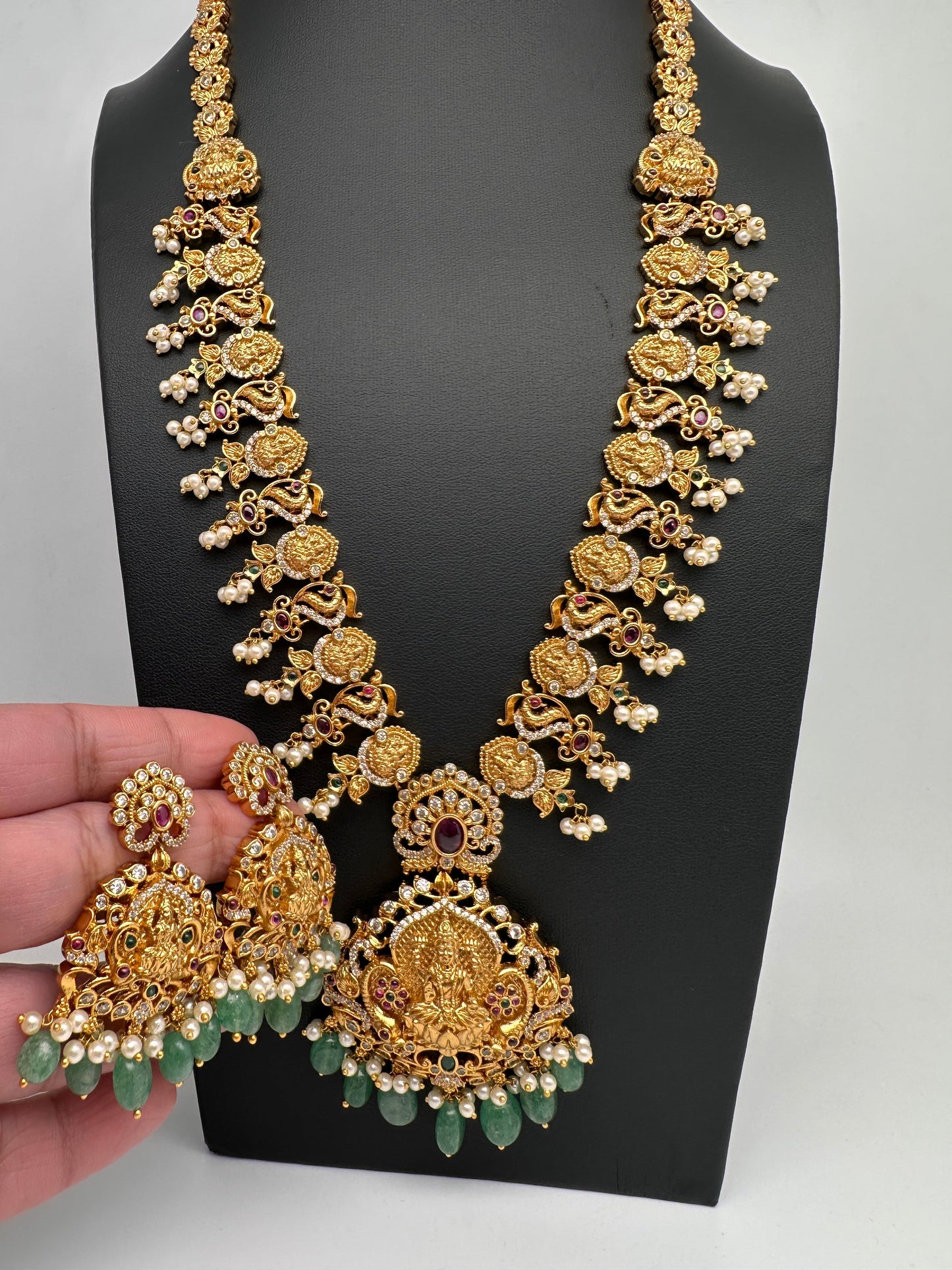 Goddess Lakshmi Links Green beads CZ Matte Finish Necklace