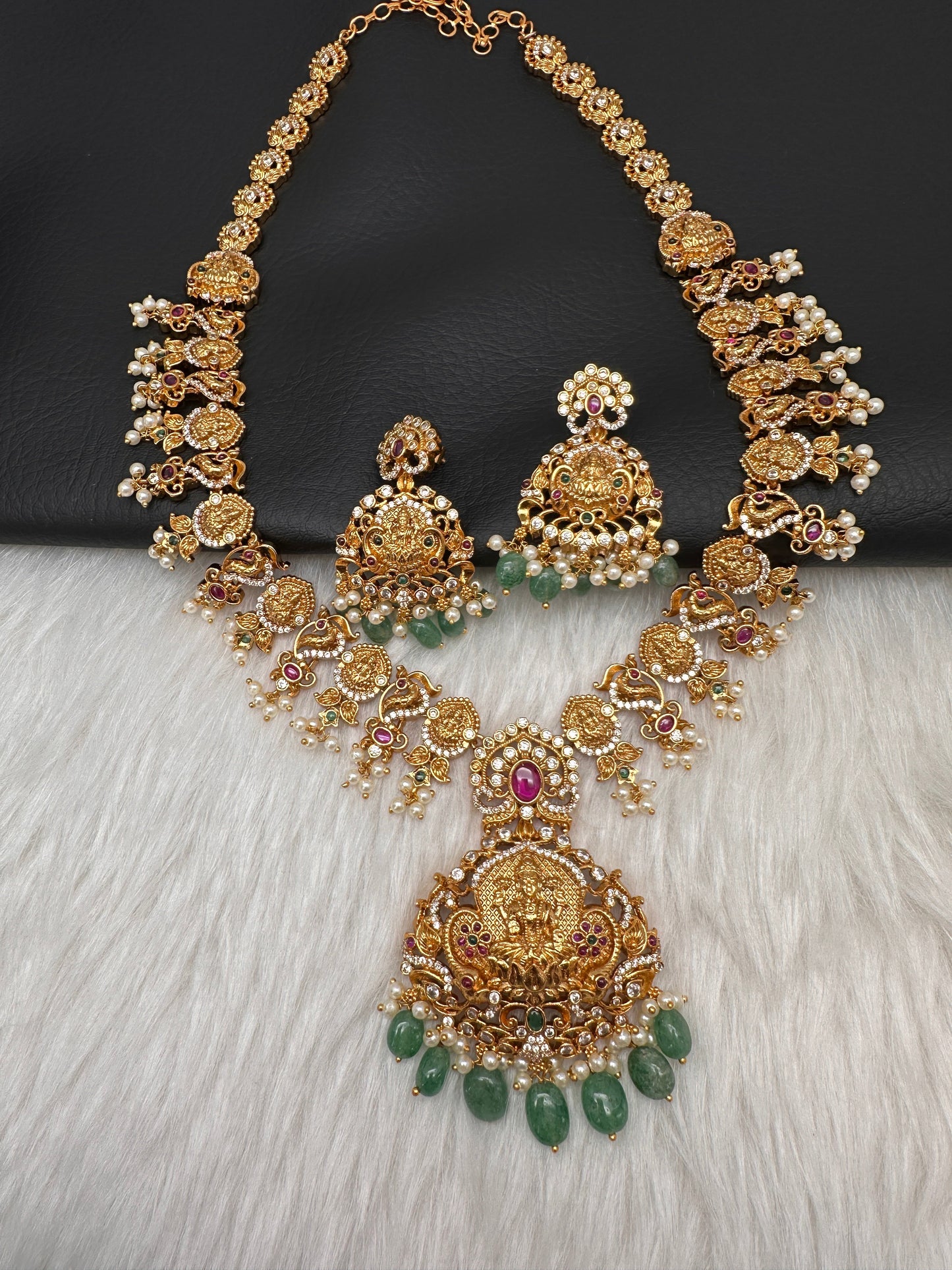 Goddess Lakshmi Links Green beads CZ Matte Finish Necklace