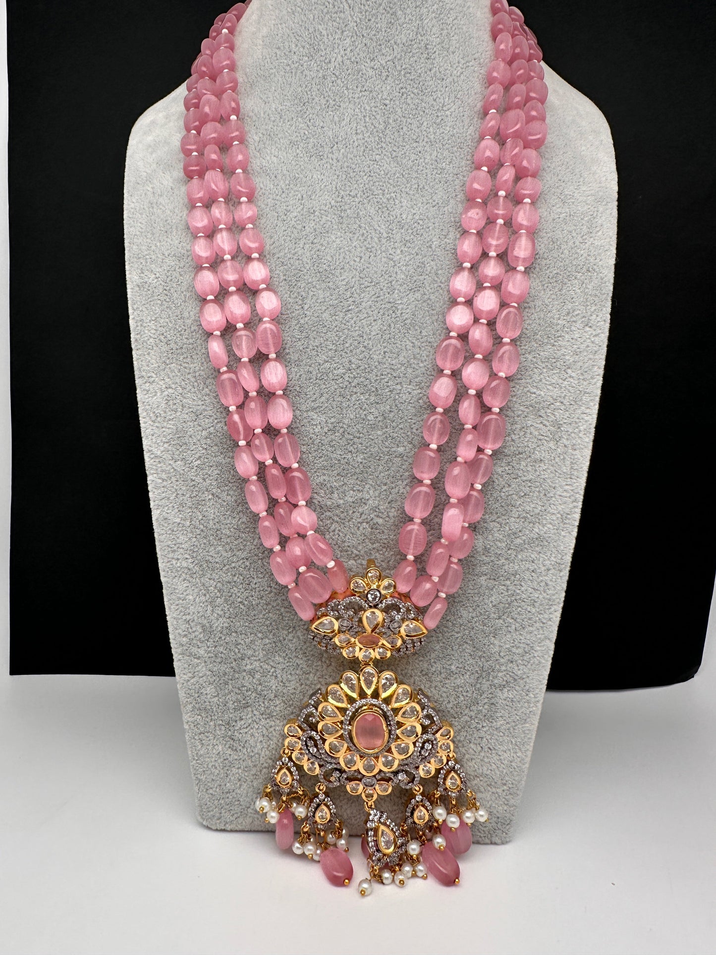 AD Pink Stone Victorian Pendent Pink Beads Necklace